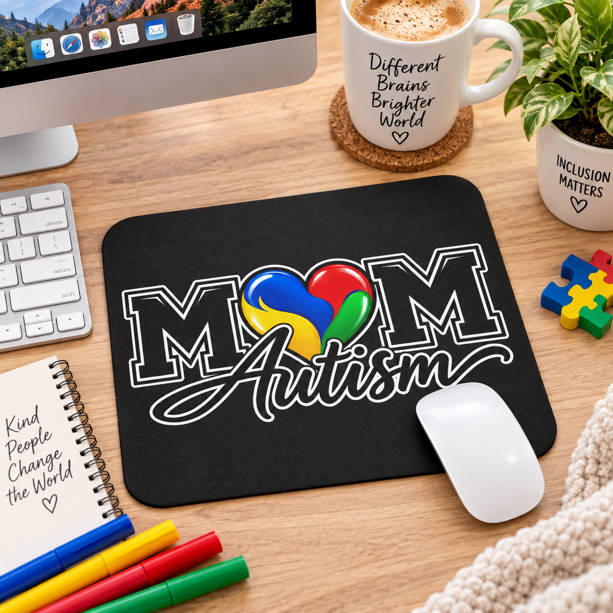 Autism Mom Mouse Pad | Heart Puzzle Support Desk Mat | Autism Awareness Gift | Neurodiversity Office Decor