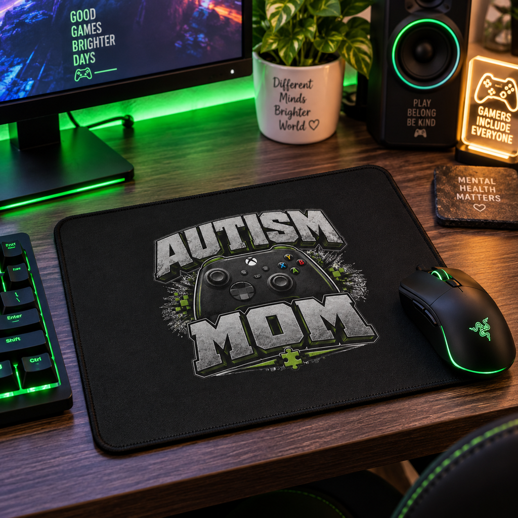Autism Mom Gaming Mouse Pad | Non-Slip Controller Puzzle Piece Desk Mat | Autism Awareness Gift for Gamers