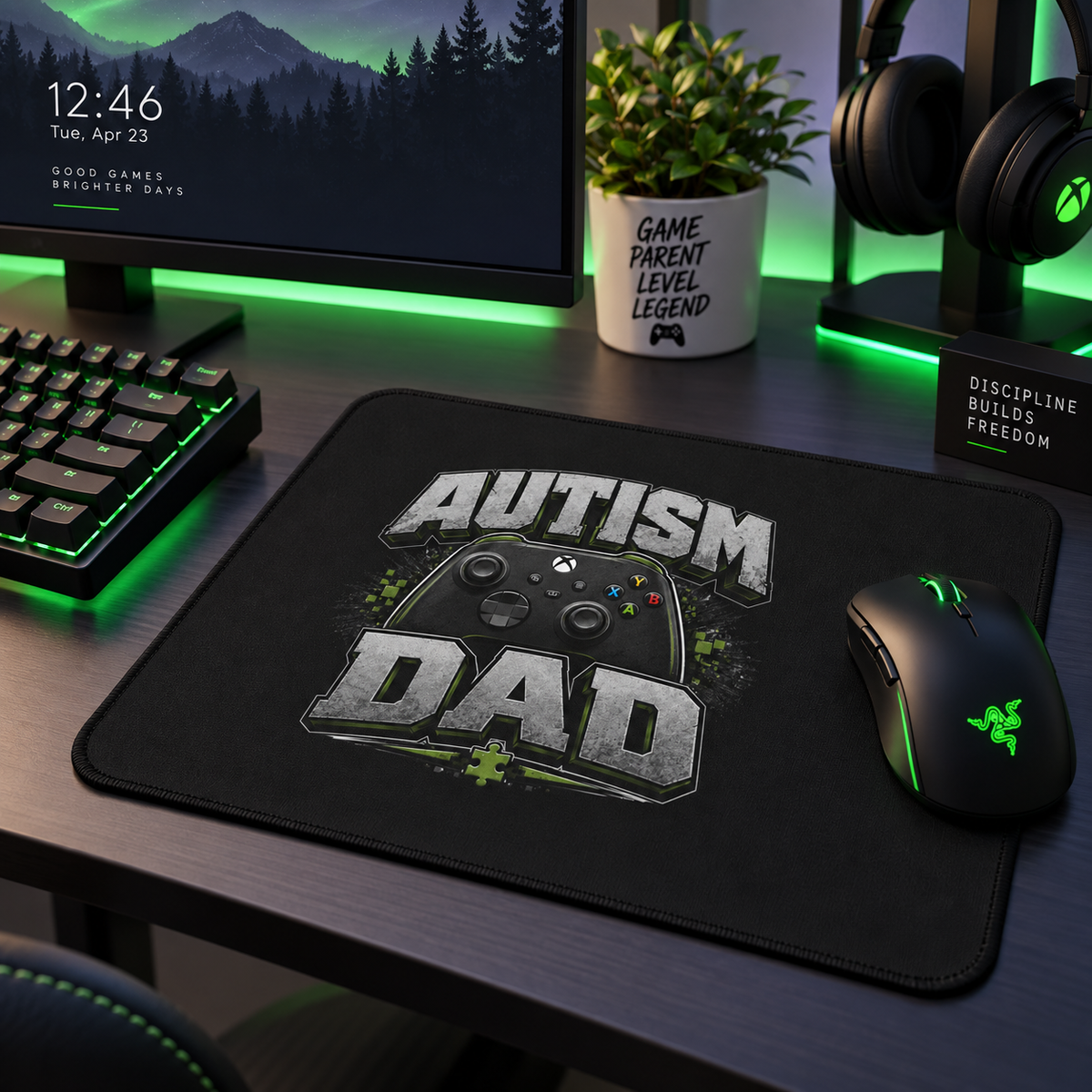 Autism Dad Gaming Mouse Pad | Non-Slip Controller Puzzle Piece Desk Mat | Autism Awareness Gift for Gamers
