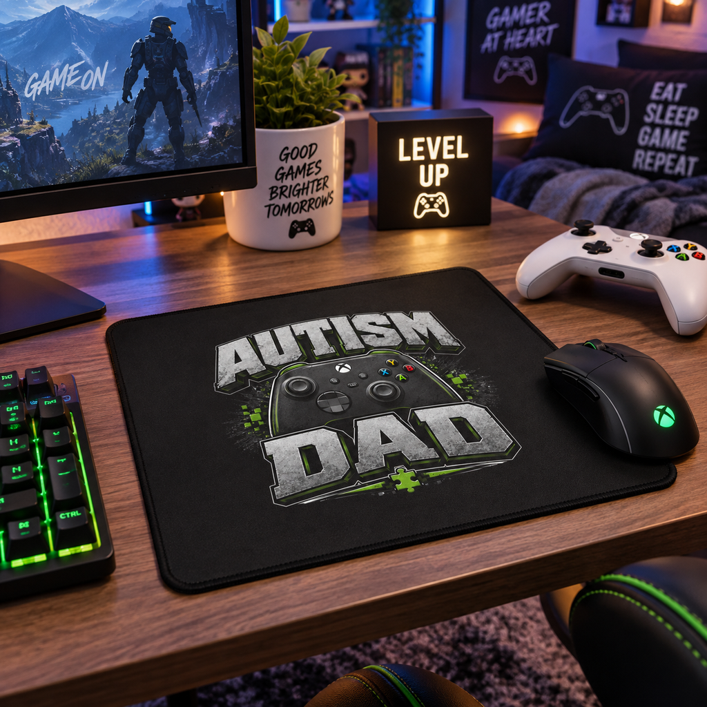 Autism Dad Gaming Mouse Pad | Non-Slip Controller Puzzle Piece Desk Mat | Autism Awareness Gift for Gamers