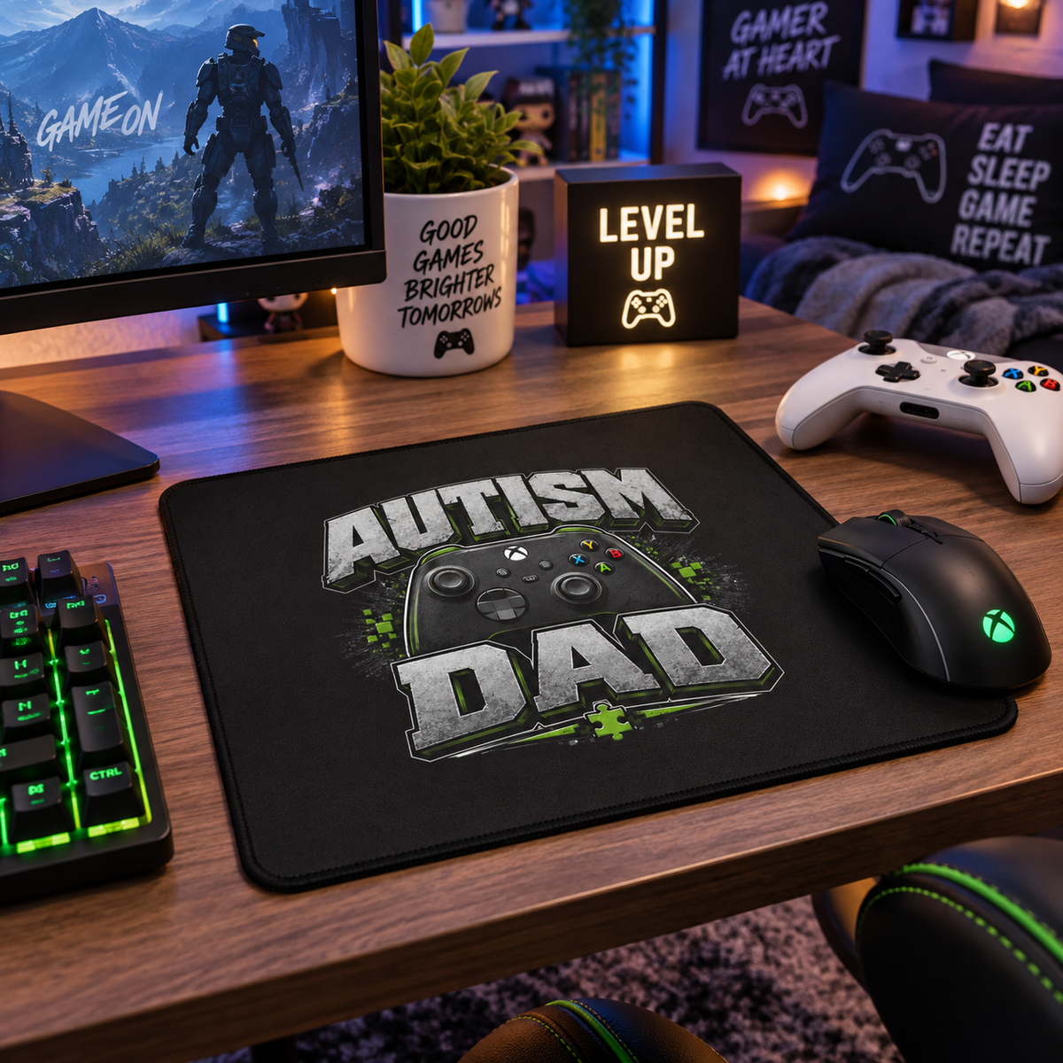 Autism Dad Gaming Mouse Pad | Non-Slip Controller Puzzle Piece Desk Mat | Autism Awareness Gift for Gamers