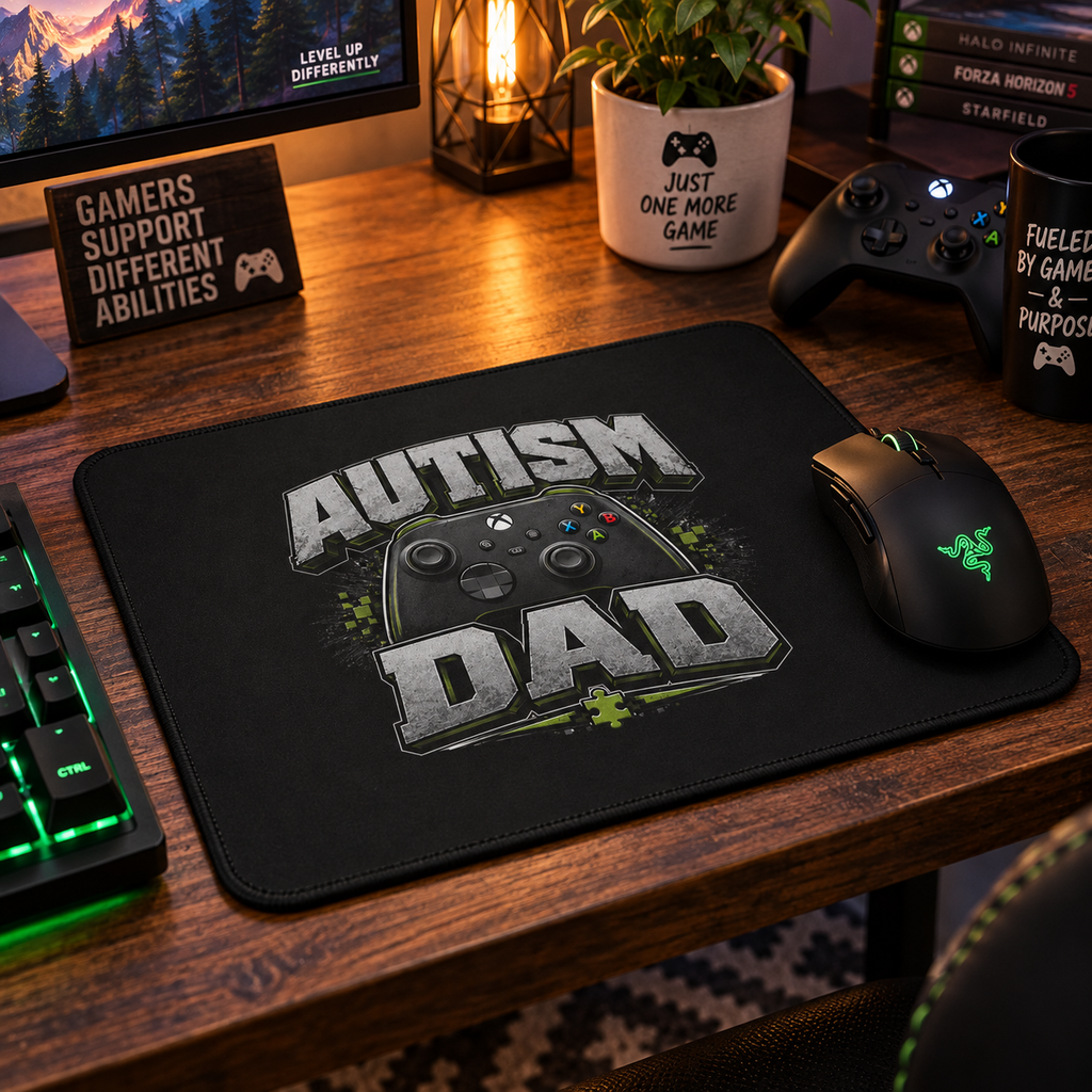 Autism Dad Gaming Mouse Pad | Non-Slip Controller Puzzle Piece Desk Mat | Autism Awareness Gift for Gamers