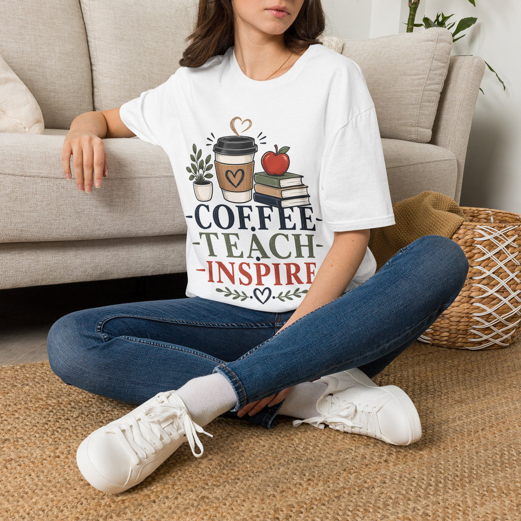 Coffee Teach Inspire Shirt | Teacher T-Shirt | Coffee Books Apple Graphic Tee | Elementary Teacher Gift | Back to School Apparel