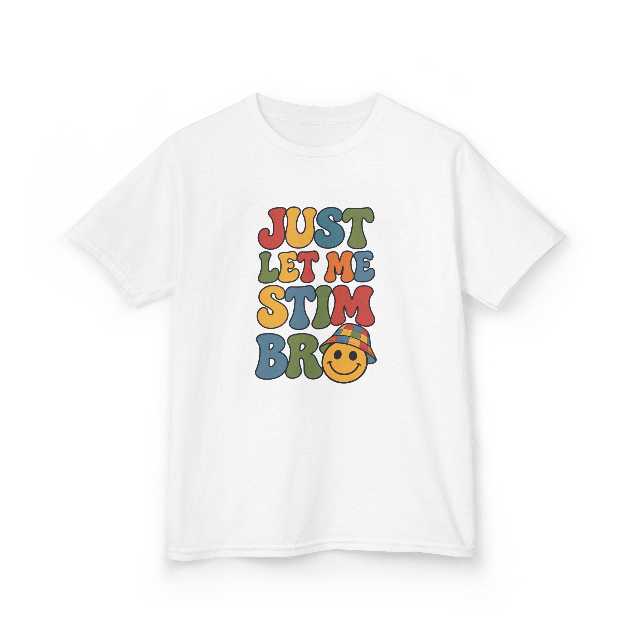 Just Let Me Stim Bro Kids Tee, Retro Bubble Letters Smiley Face Shirt, Autism ADHD Neurodivergent Kids T-Shirt, Funny Sensory Gift