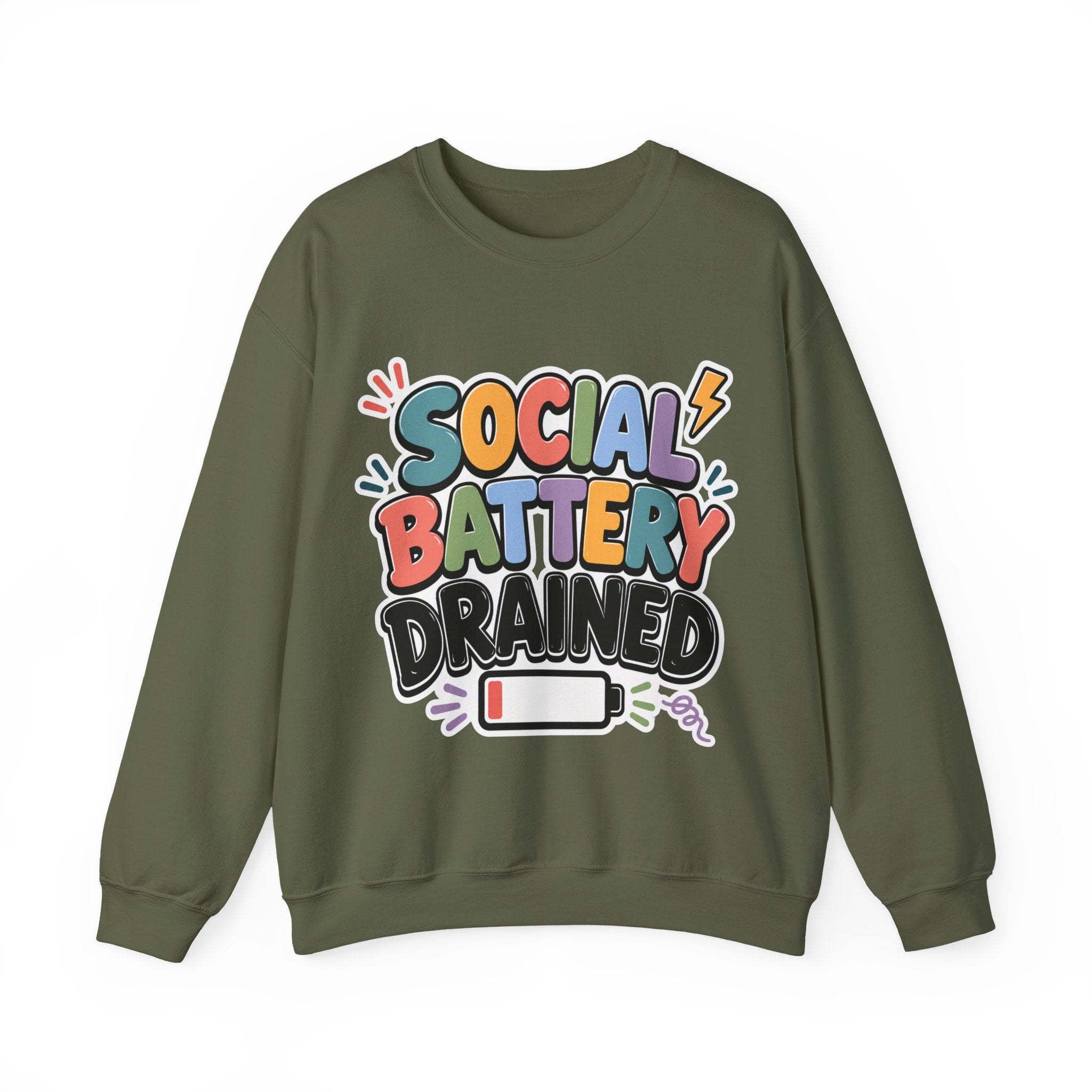 Social Battery Drained Crewneck Sweatshirt | Funny Introvert Sweatshirt | Low Battery Graphic Pullover | Mental Health Humor | Unisex Gift