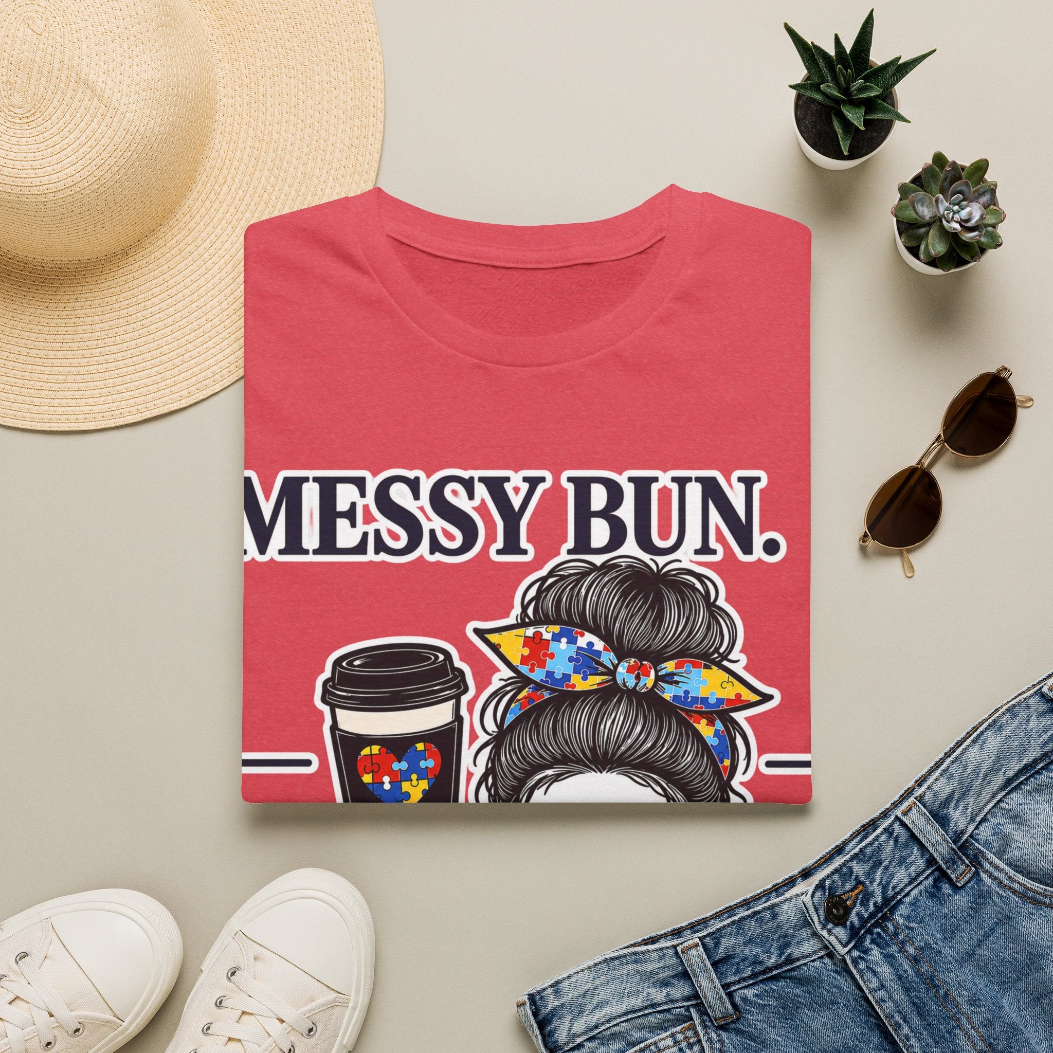 Messy Bun Coffee Mom Life Autism Acceptance Shirt | Autism Mom T-Shirt | Neurodiversity Support Tee | Special Needs Mom Gift