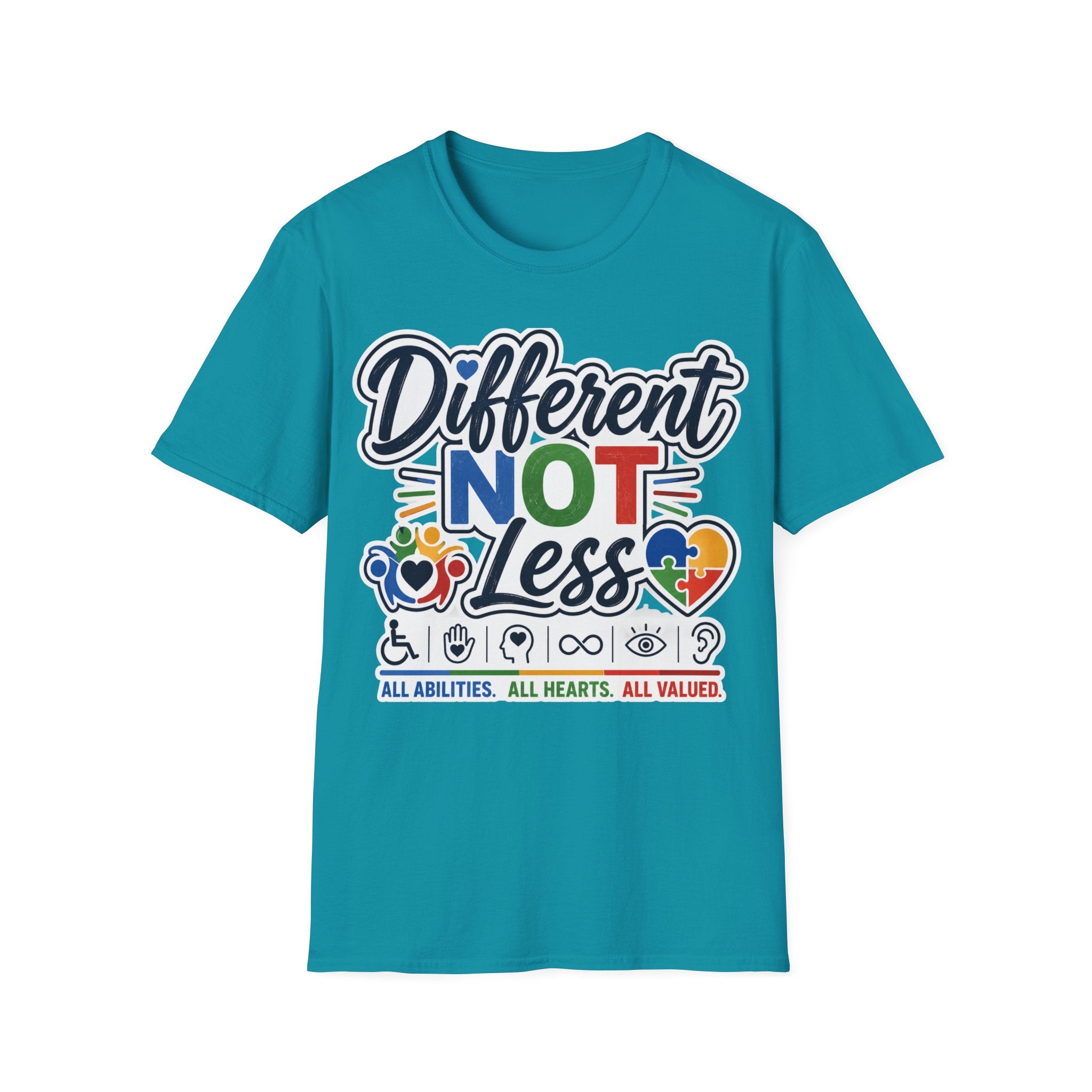 Different NOT Less T-Shirt | Disability Pride, Inclusive Rainbow Design