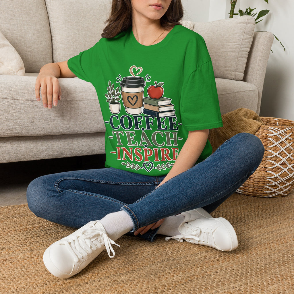 Coffee Teach Inspire Shirt | Teacher T-Shirt | Coffee Books Apple Graphic Tee | Elementary Teacher Gift | Back to School Apparel
