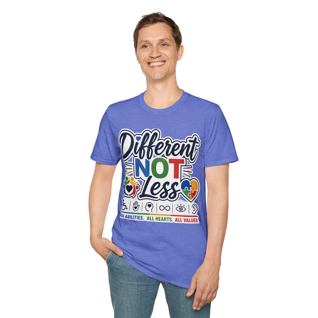Different NOT Less T-Shirt | Disability Pride, Inclusive Rainbow Design