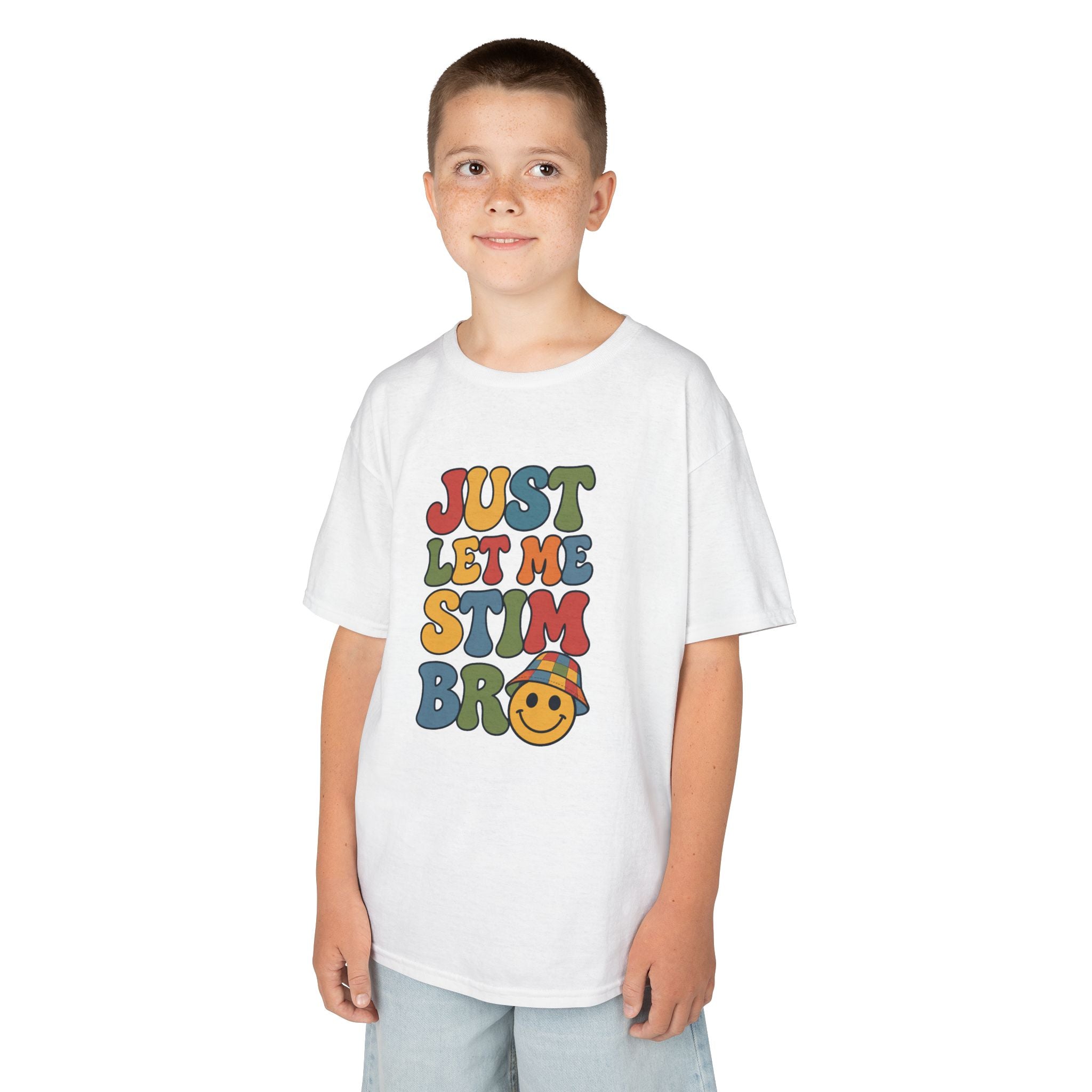 Just Let Me Stim Bro Kids Tee, Retro Bubble Letters Smiley Face Shirt, Autism ADHD Neurodivergent Kids T-Shirt, Funny Sensory Gift