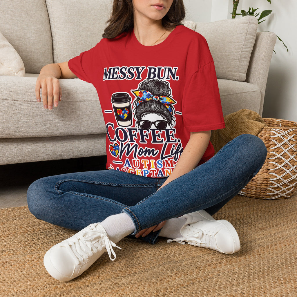 Messy Bun Coffee Mom Life Autism Acceptance Shirt | Autism Mom T-Shirt | Neurodiversity Support Tee | Special Needs Mom Gift