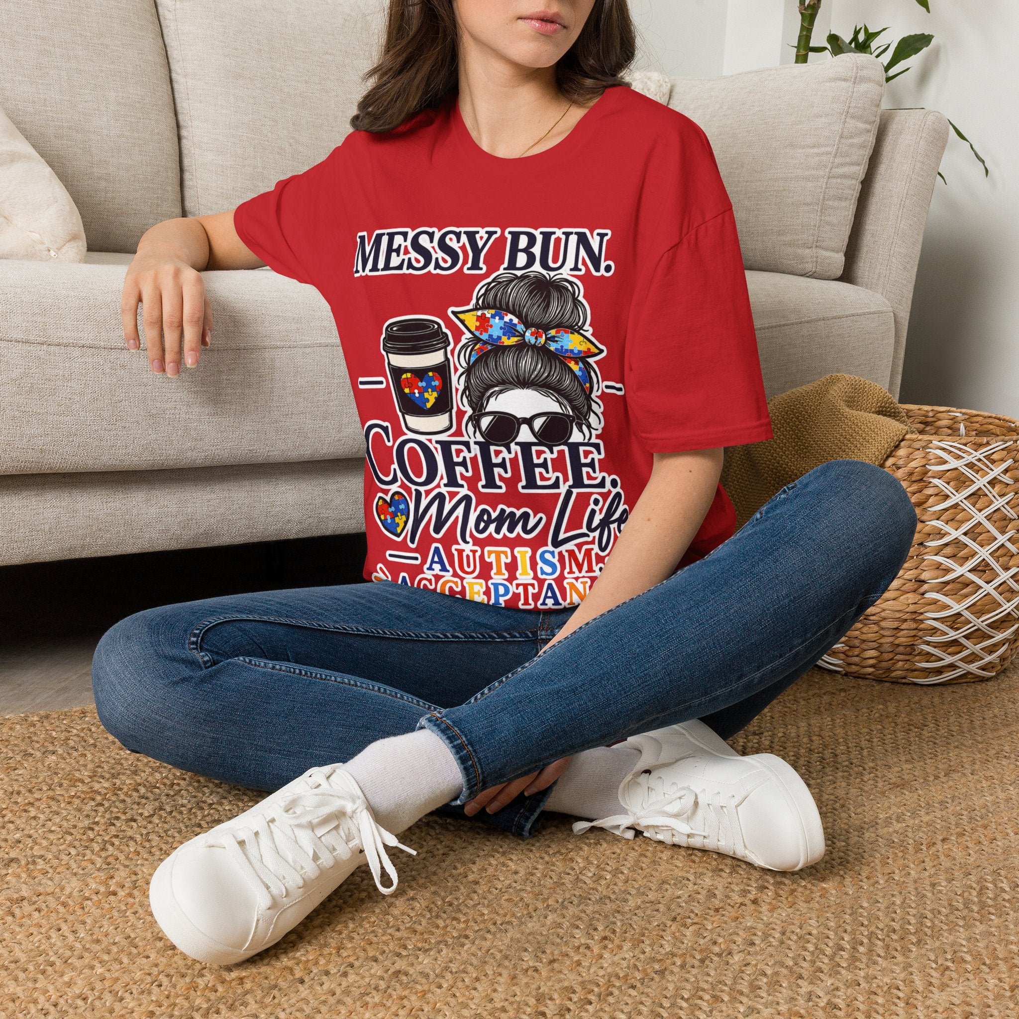 Messy Bun Coffee Mom Life Autism Acceptance Shirt | Autism Mom T-Shirt | Neurodiversity Support Tee | Special Needs Mom Gift
