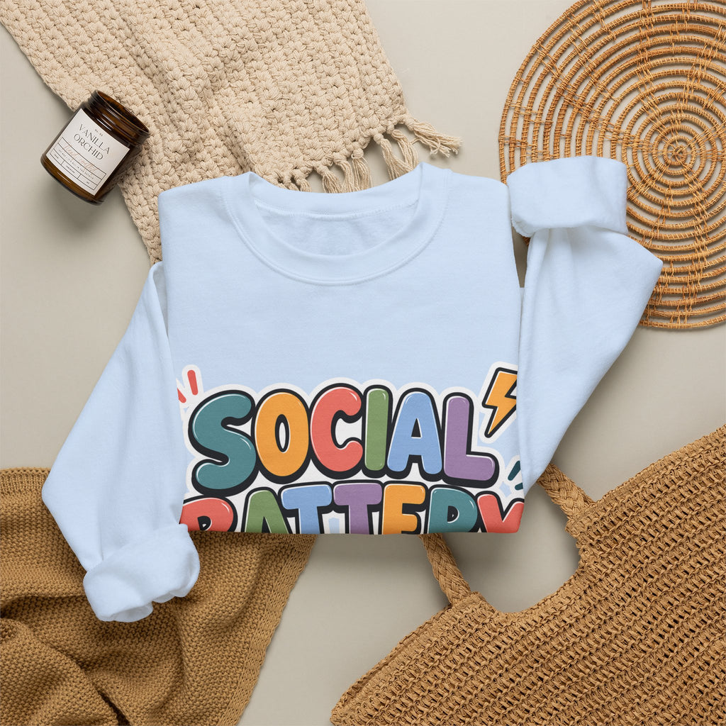 Social Battery Drained Crewneck Sweatshirt | Funny Introvert Sweatshirt | Low Battery Graphic Pullover | Mental Health Humor | Unisex Gift