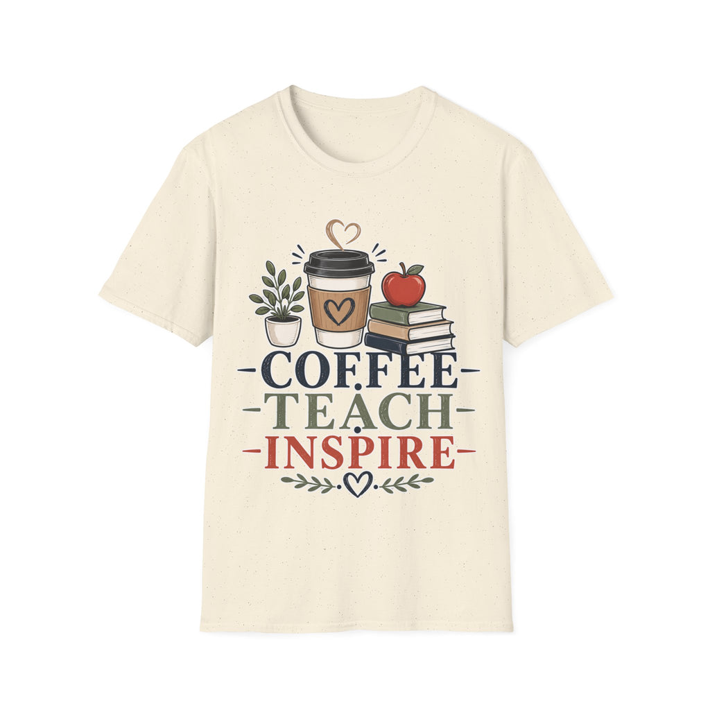 Coffee Teach Inspire Shirt | Teacher T-Shirt | Coffee Books Apple Graphic Tee | Elementary Teacher Gift | Back to School Apparel