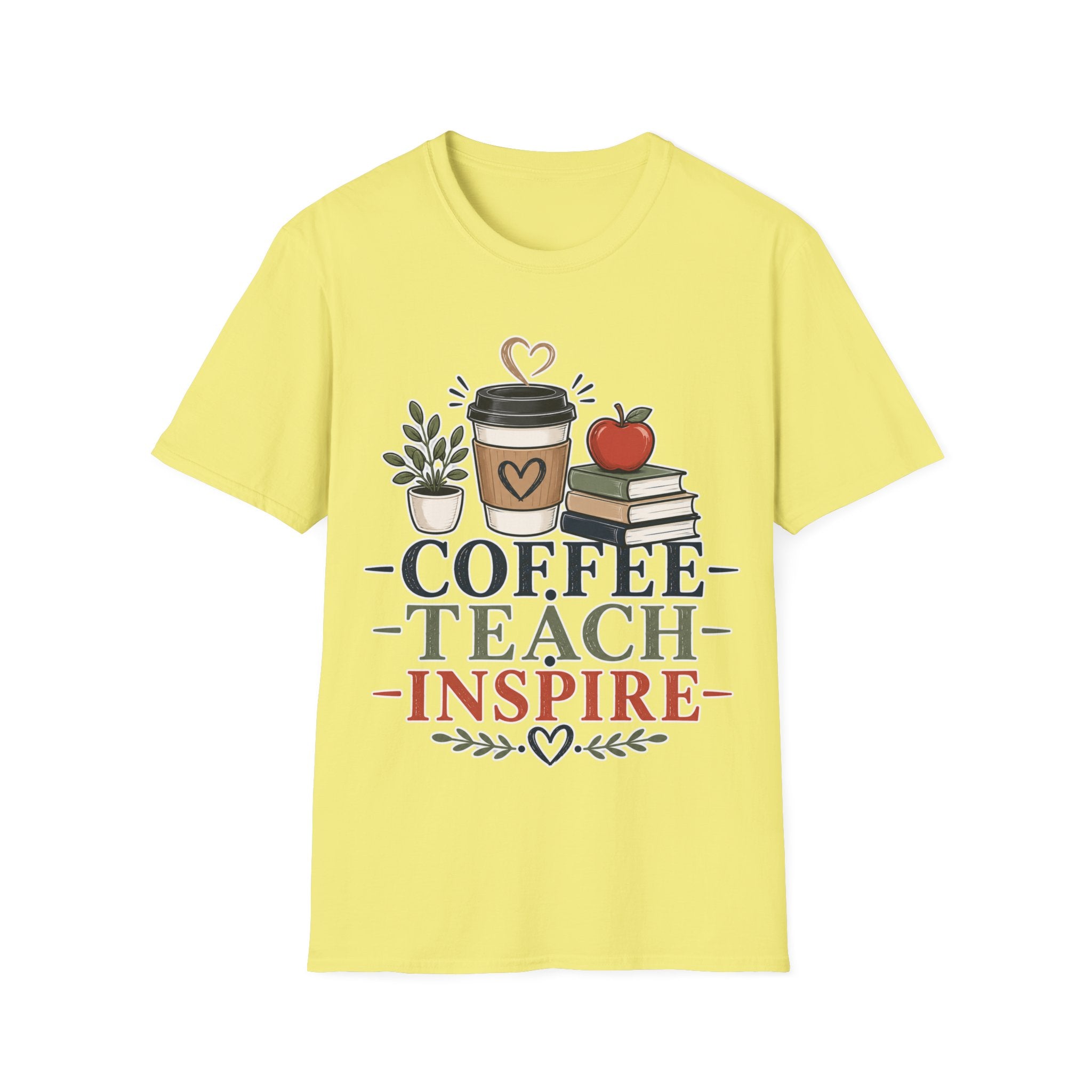Coffee Teach Inspire Shirt | Teacher T-Shirt | Coffee Books Apple Graphic Tee | Elementary Teacher Gift | Back to School Apparel