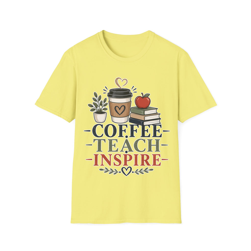 Coffee Teach Inspire Shirt | Teacher T-Shirt | Coffee Books Apple Graphic Tee | Elementary Teacher Gift | Back to School Apparel