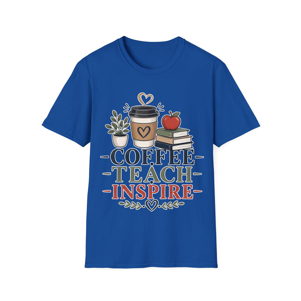 Coffee Teach Inspire Shirt | Teacher T-Shirt | Coffee Books Apple Graphic Tee | Elementary Teacher Gift | Back to School Apparel