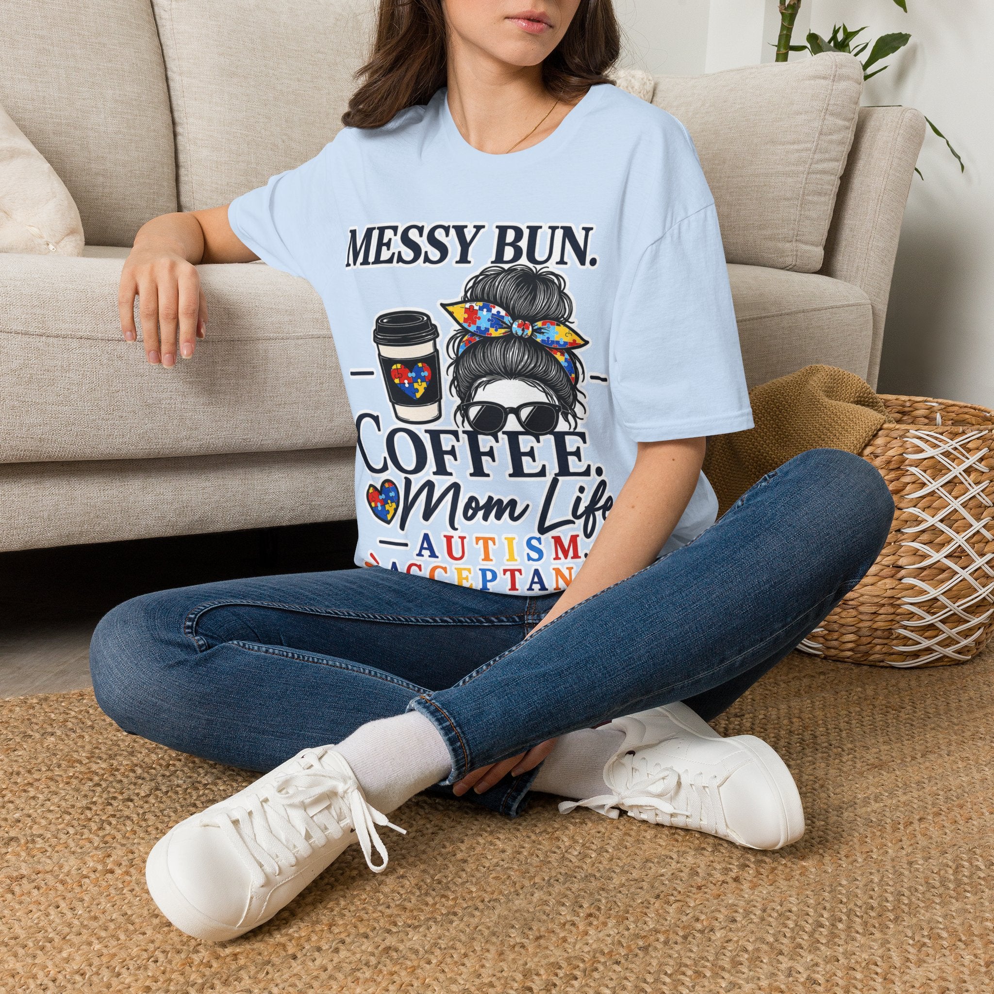 Messy Bun Coffee Mom Life Autism Acceptance Shirt | Autism Mom T-Shirt | Neurodiversity Support Tee | Special Needs Mom Gift