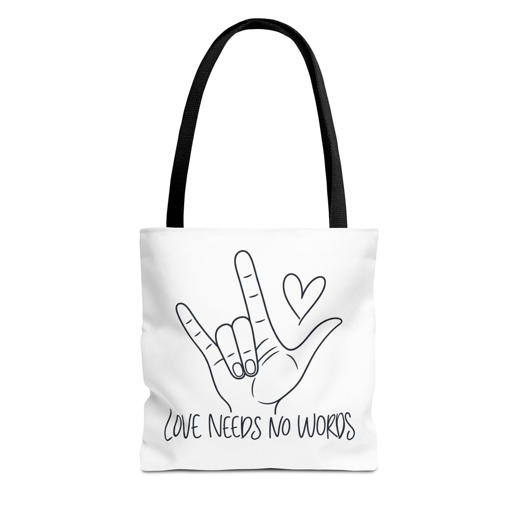Love Needs No Words Tote Bag, ASL I Love You Hand Illustration Canvas Bag, Autism Acceptance Tote, Sign Language Nonverbal Gift