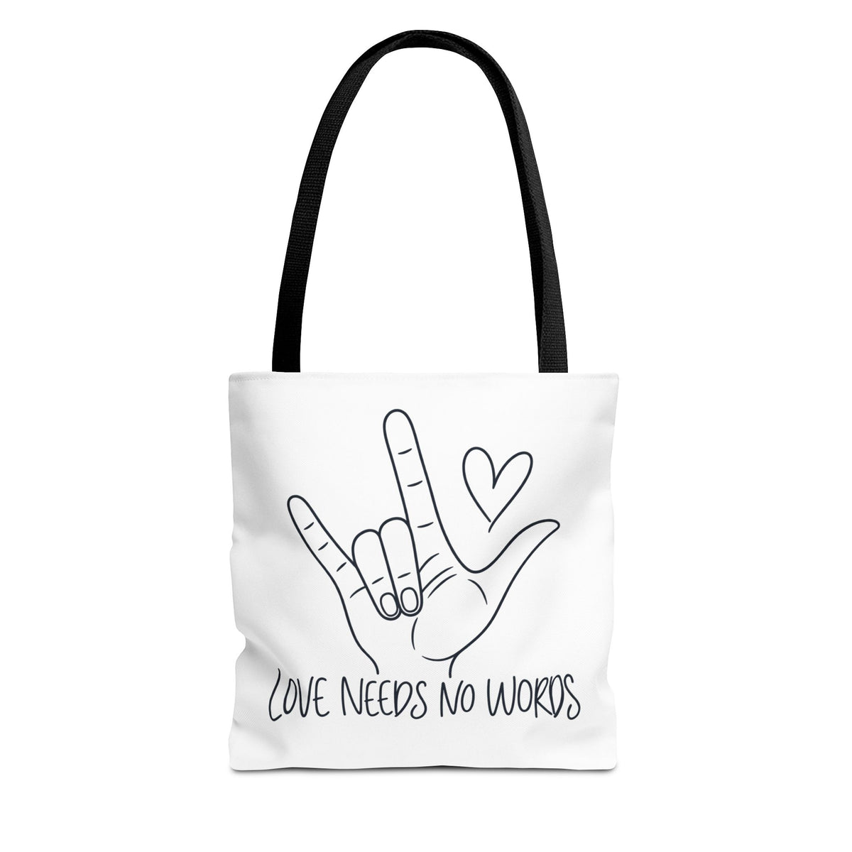 Love Needs No Words Tote Bag, ASL I Love You Hand Illustration Canvas Bag, Autism Acceptance Tote, Sign Language Nonverbal Gift