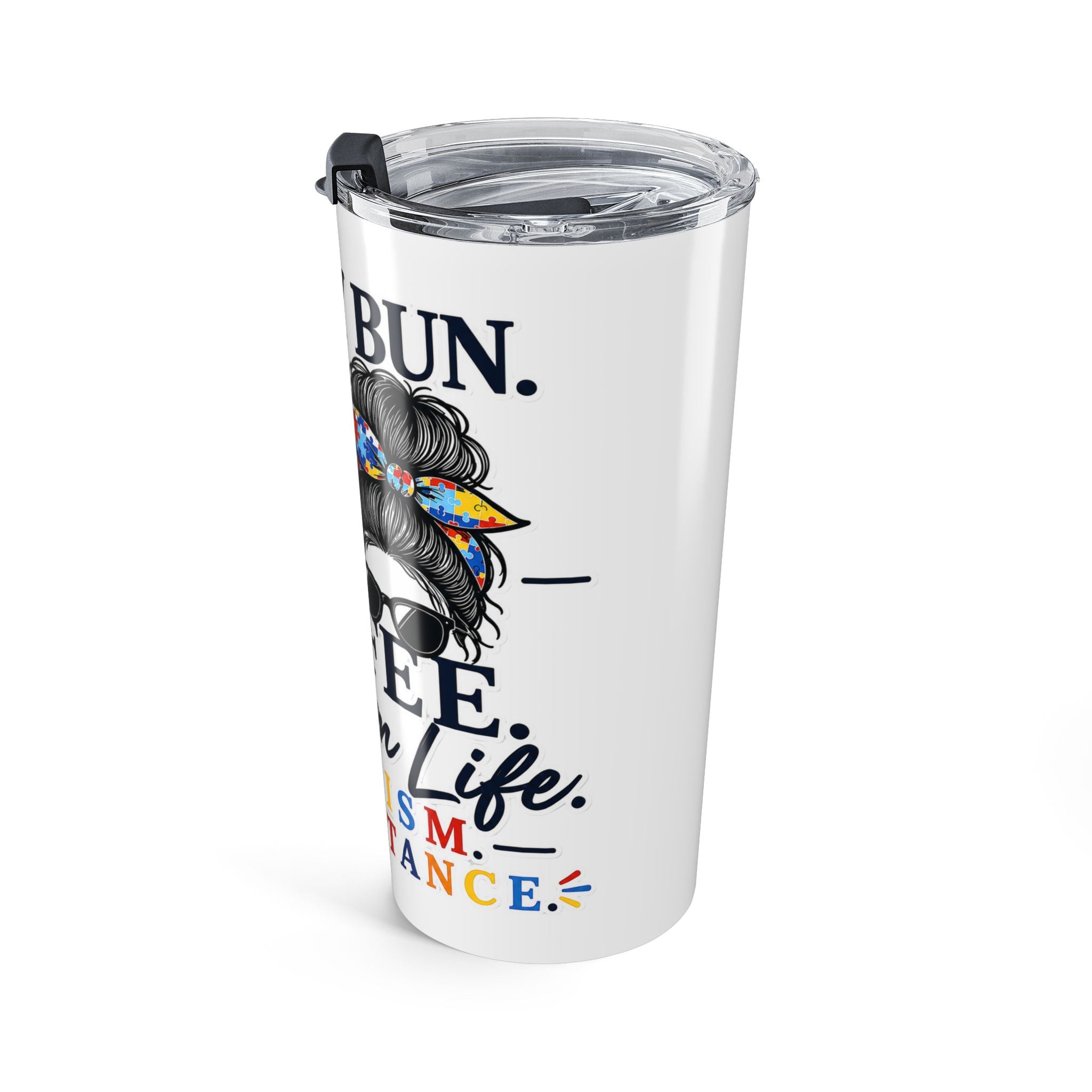 Autism Acceptance Coffee Mom 20oz Tumbler | Messy Bun Travel Mug | Puzzle Heart Insulated Cup | Special Needs Mom Gift