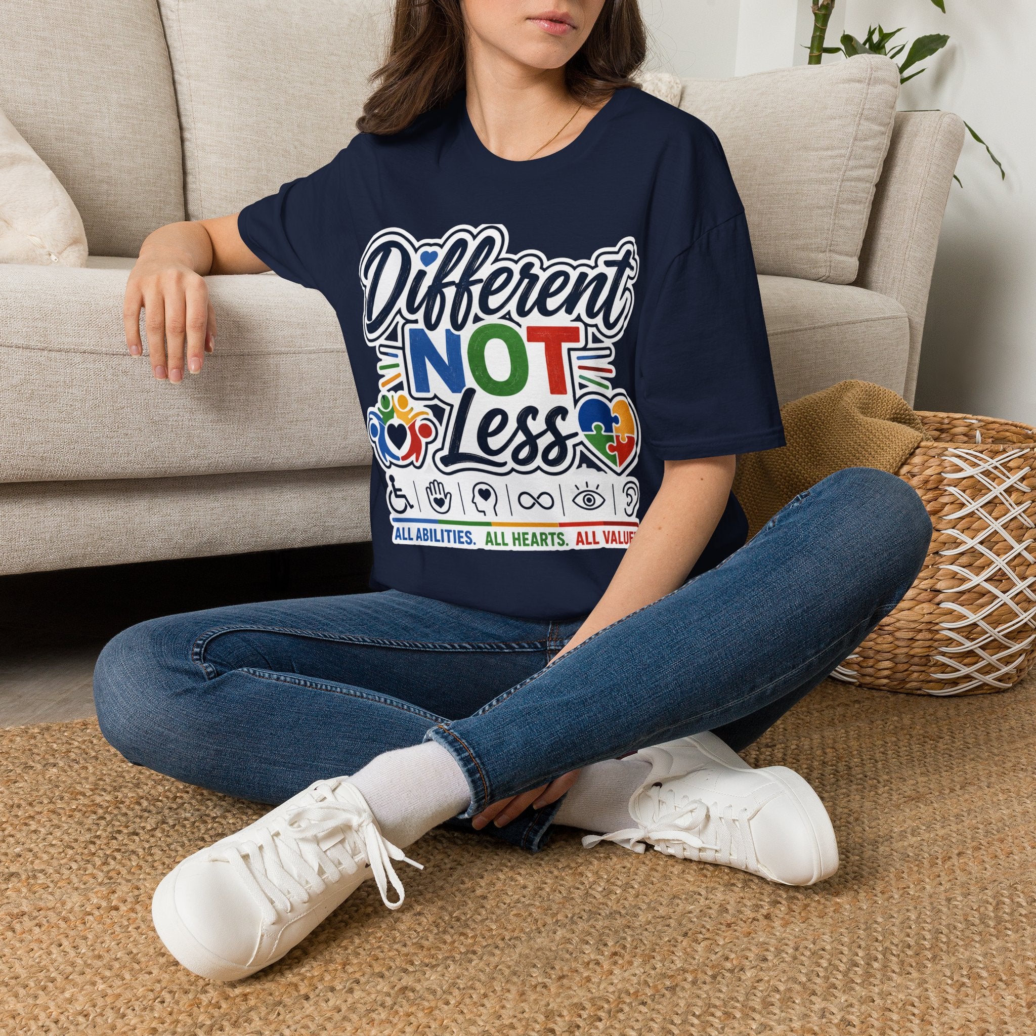 Different NOT Less T-Shirt | Disability Pride, Inclusive Rainbow Design