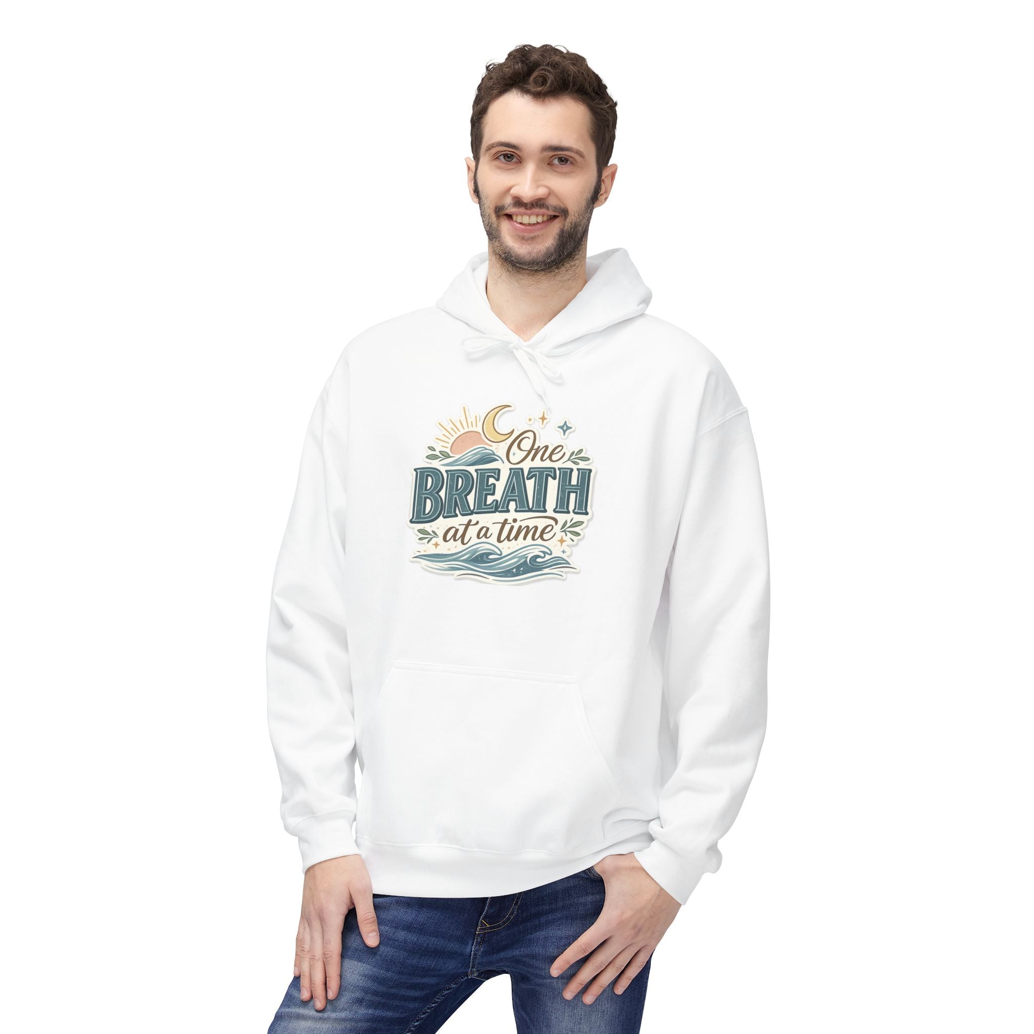 One Breath at a Time Hoodie | Ocean Waves Sun Illustration