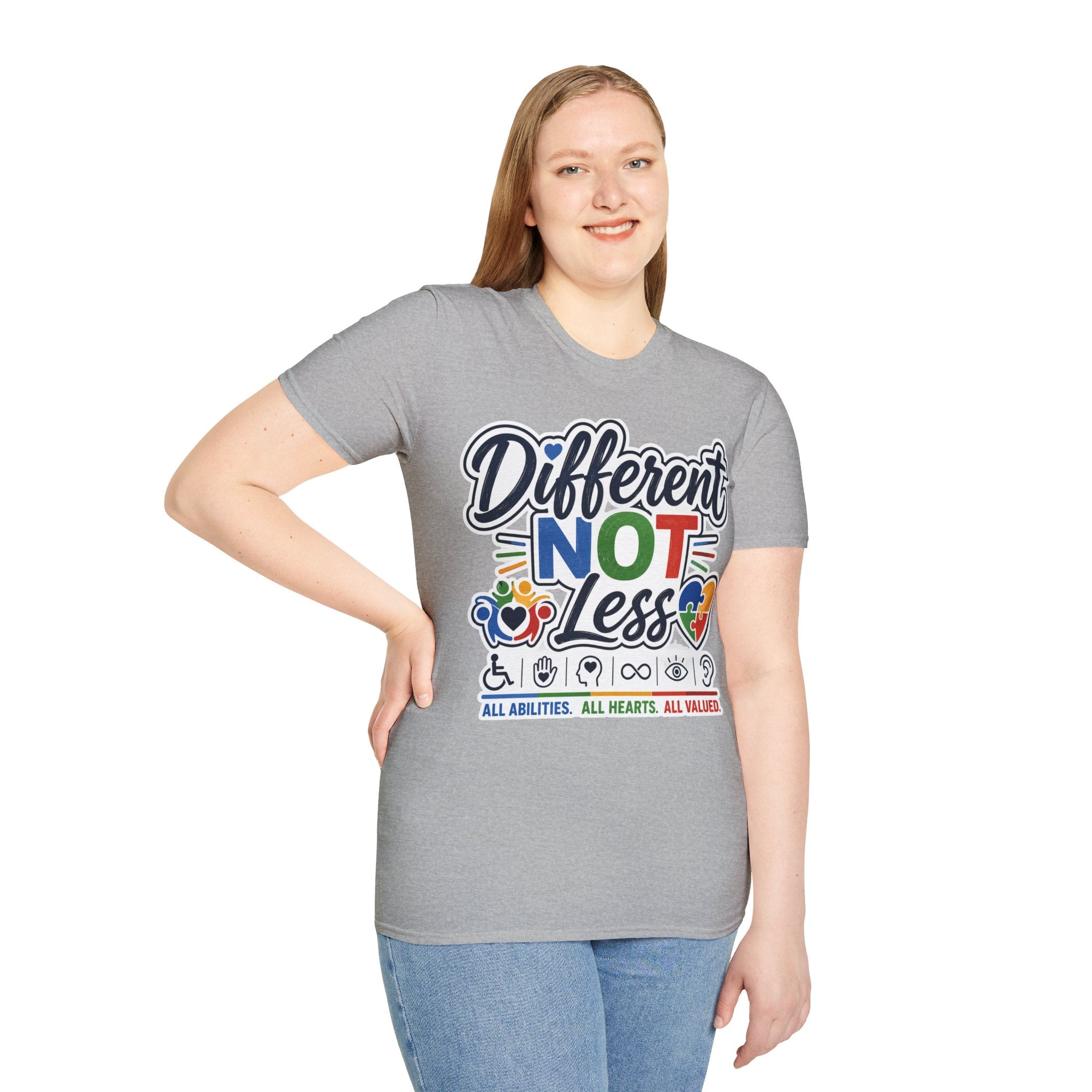 Different NOT Less T-Shirt | Disability Pride, Inclusive Rainbow Design