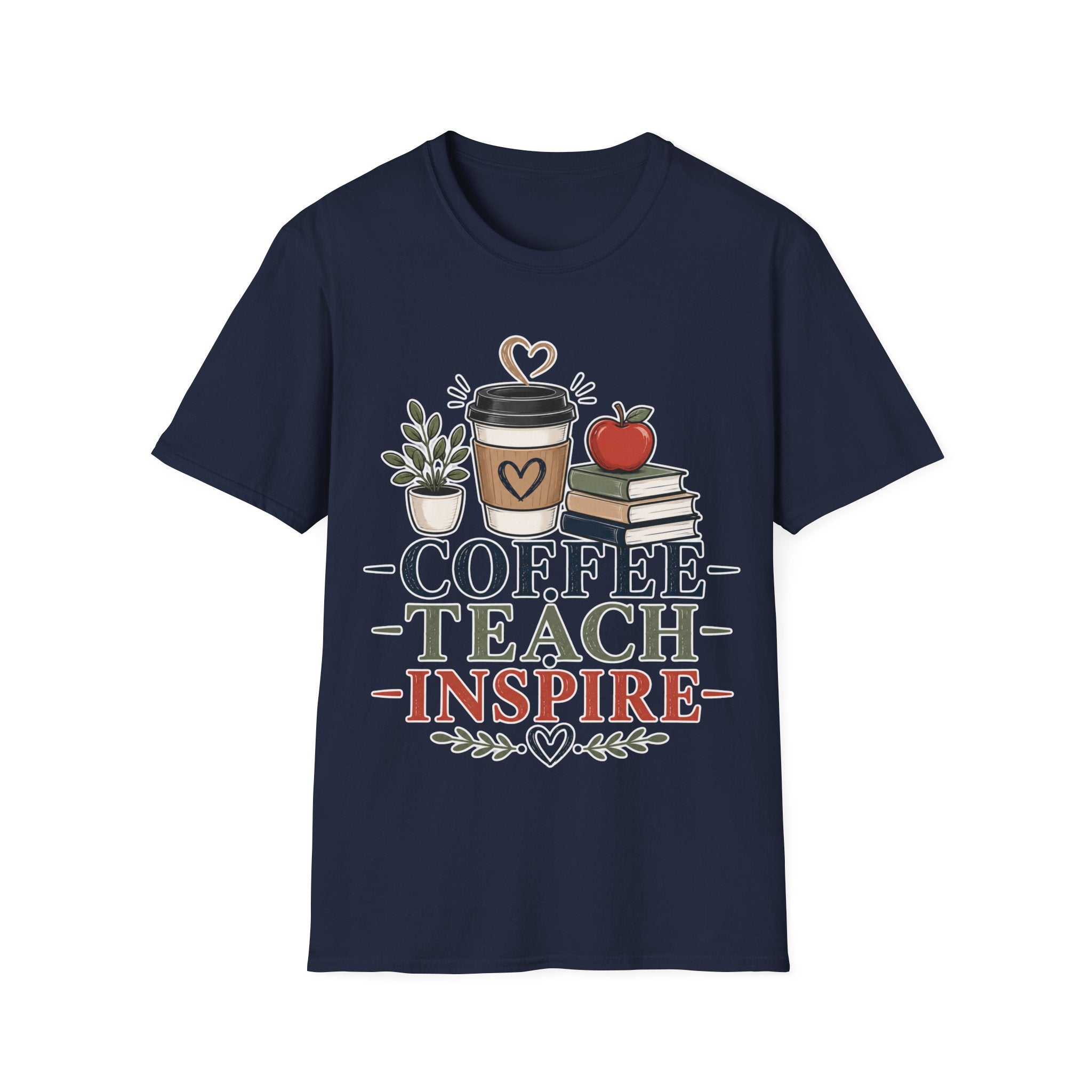 Coffee Teach Inspire Shirt | Teacher T-Shirt | Coffee Books Apple Graphic Tee | Elementary Teacher Gift | Back to School Apparel