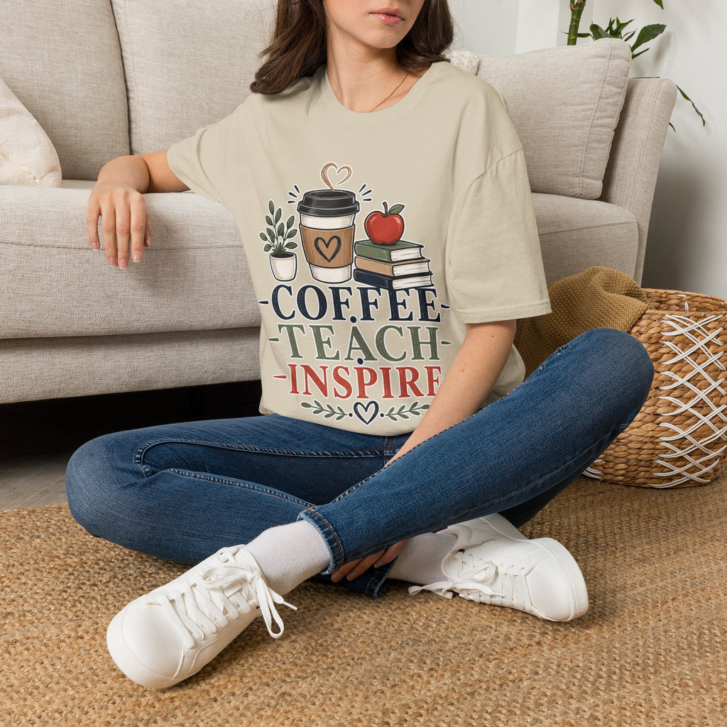 Coffee Teach Inspire Shirt | Teacher T-Shirt | Coffee Books Apple Graphic Tee | Elementary Teacher Gift | Back to School Apparel