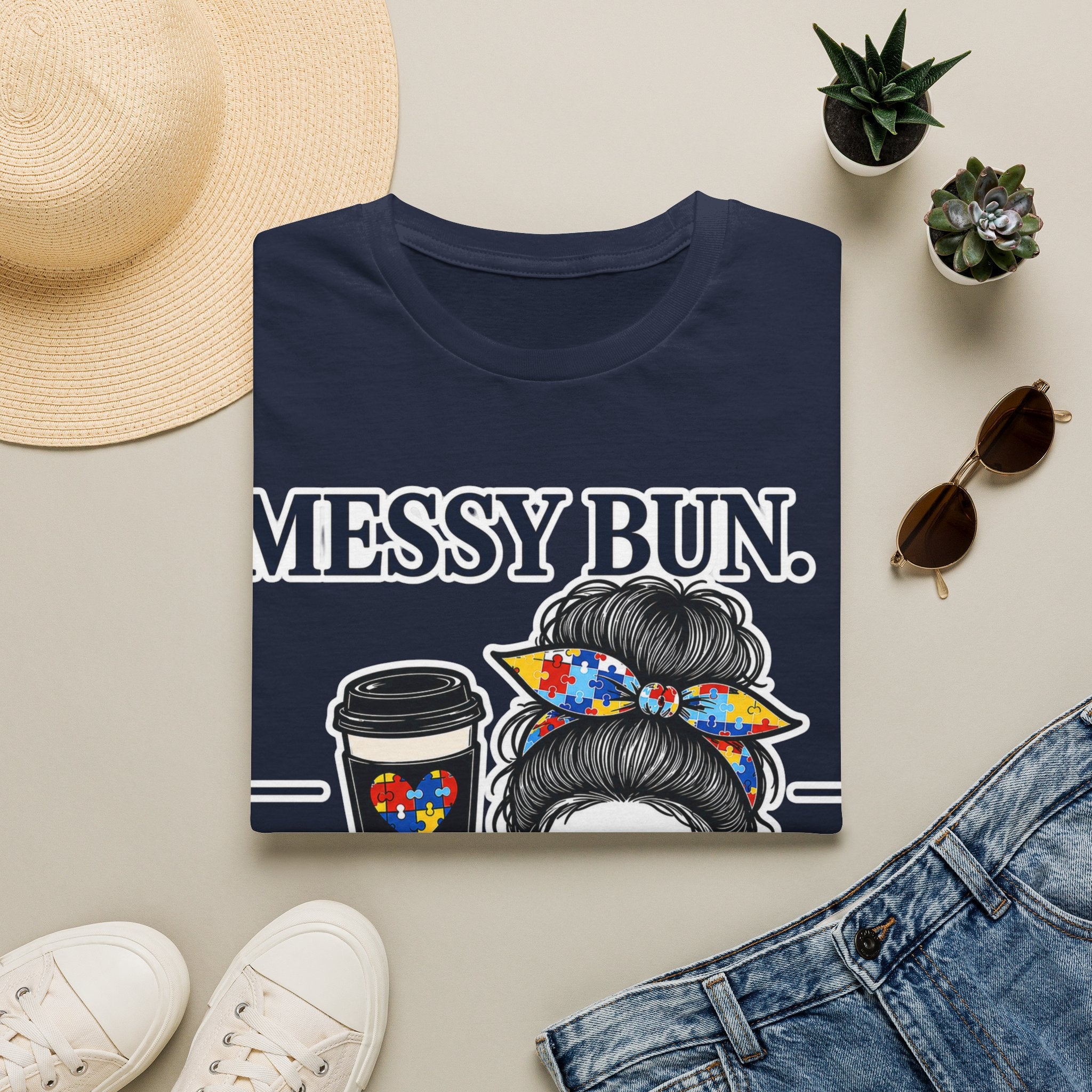 Messy Bun Coffee Mom Life Autism Acceptance Shirt | Autism Mom T-Shirt | Neurodiversity Support Tee | Special Needs Mom Gift