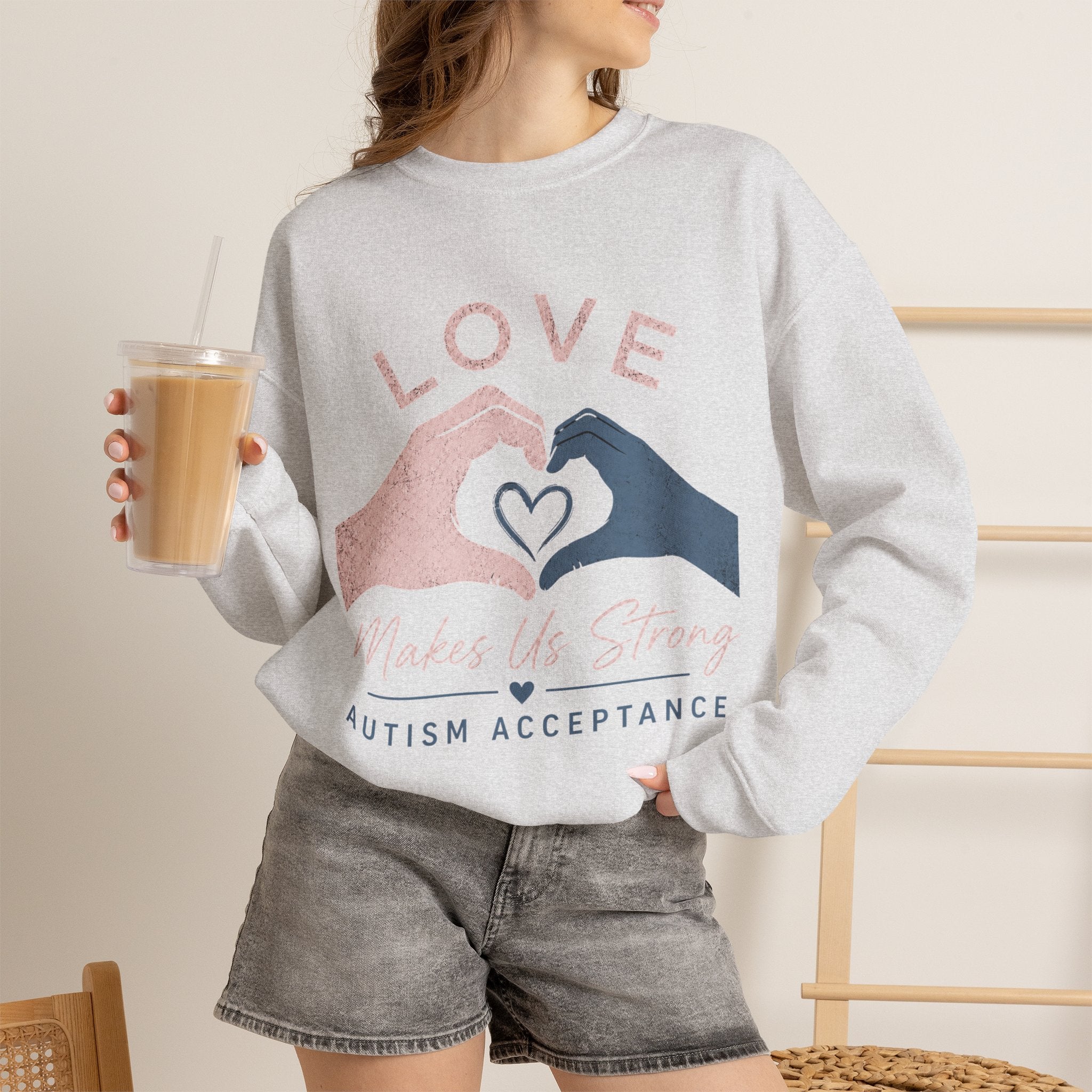 Autism Acceptance Sweatshirt | Love Makes Us Strong Crewneck | Heart Hands Sweatshirt | Neurodiversity Gift | Inclusion Apparel