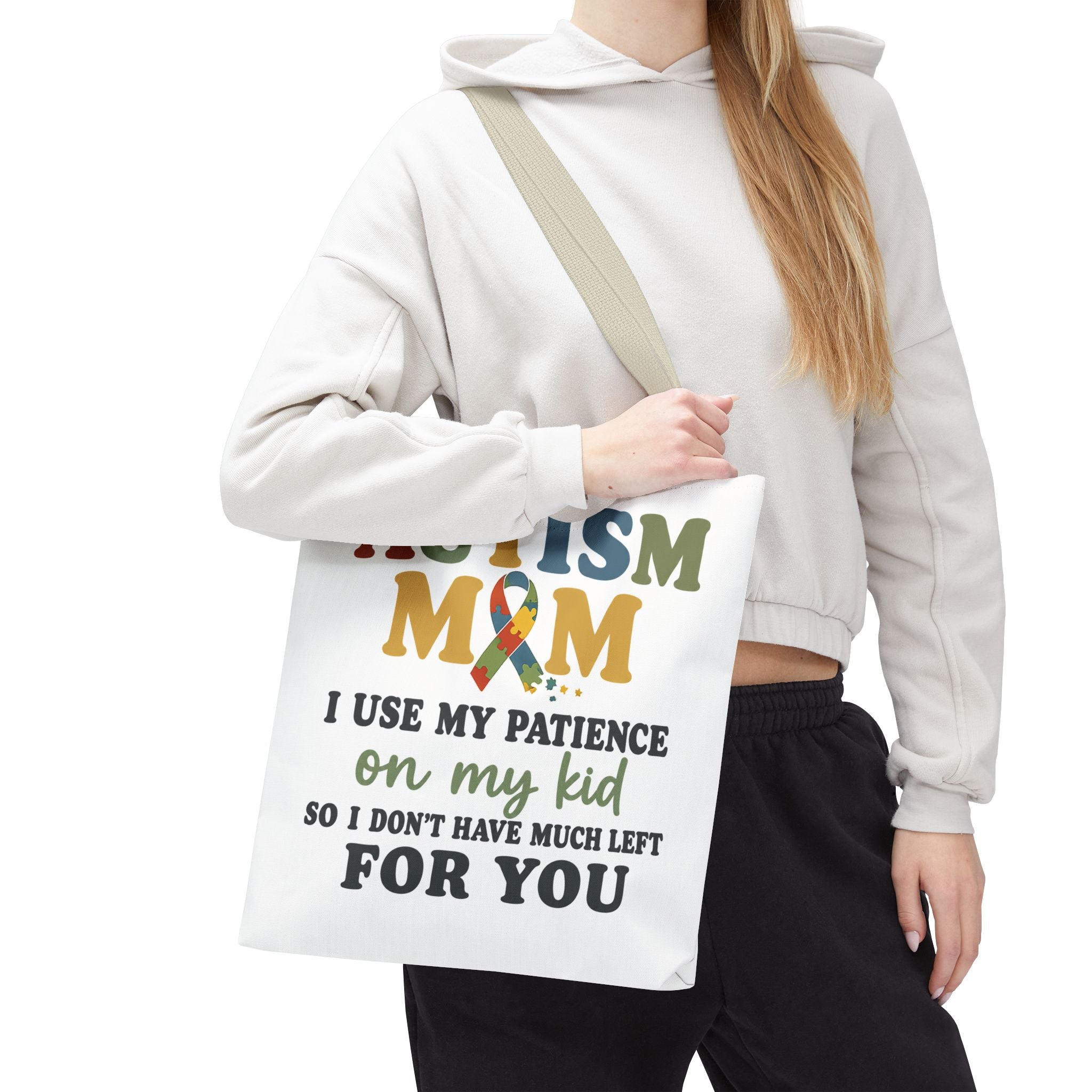 Autism Mom Ribbon Typography Tote Bag, Autism Awareness Tote, Autism Support Bag, Autism Mom Gift, Neurodiversity Canvas Tote Bag