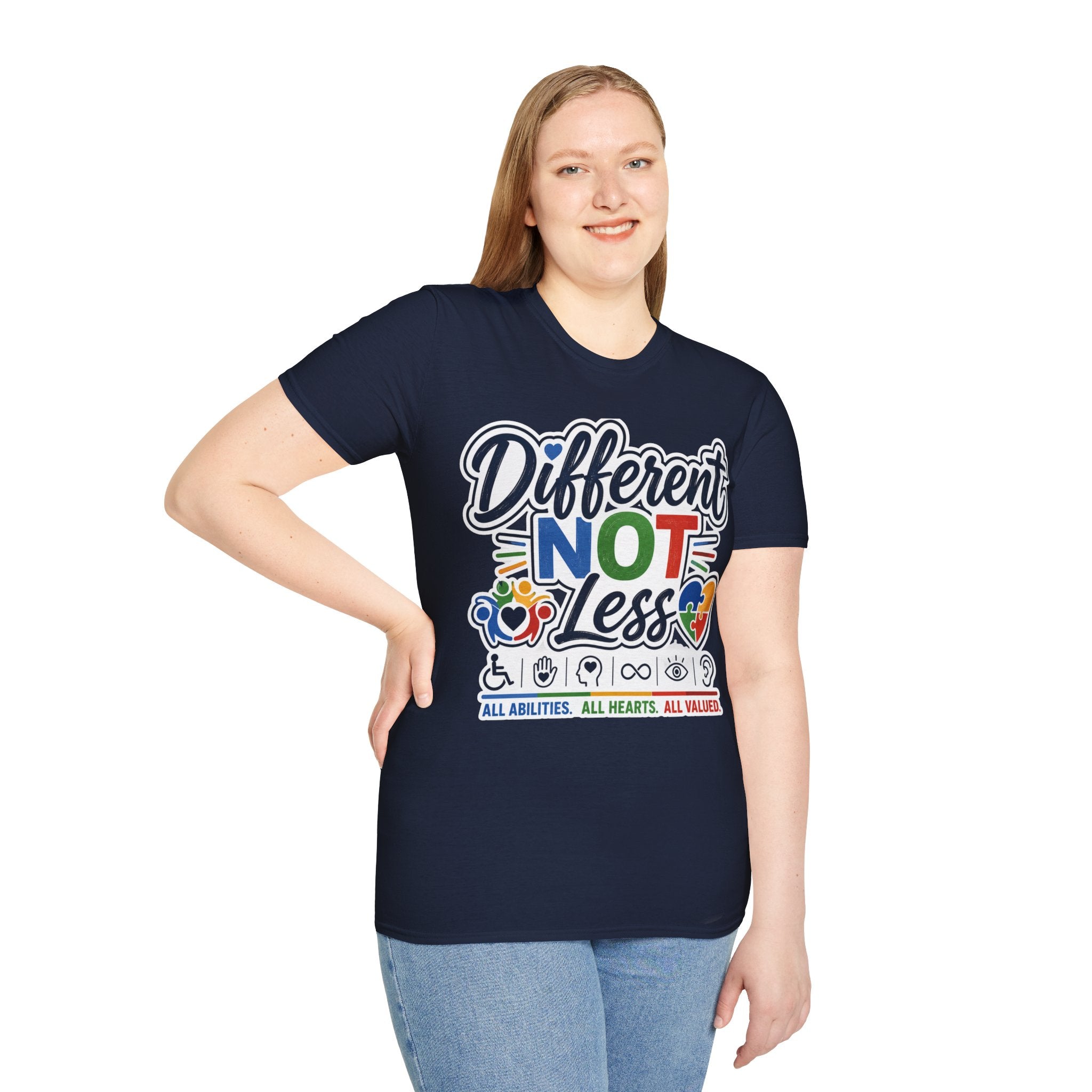 Different NOT Less T-Shirt | Disability Pride, Inclusive Rainbow Design