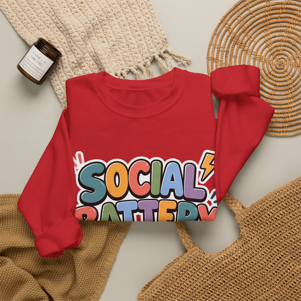 Social Battery Drained Crewneck Sweatshirt | Funny Introvert Sweatshirt | Low Battery Graphic Pullover | Mental Health Humor | Unisex Gift