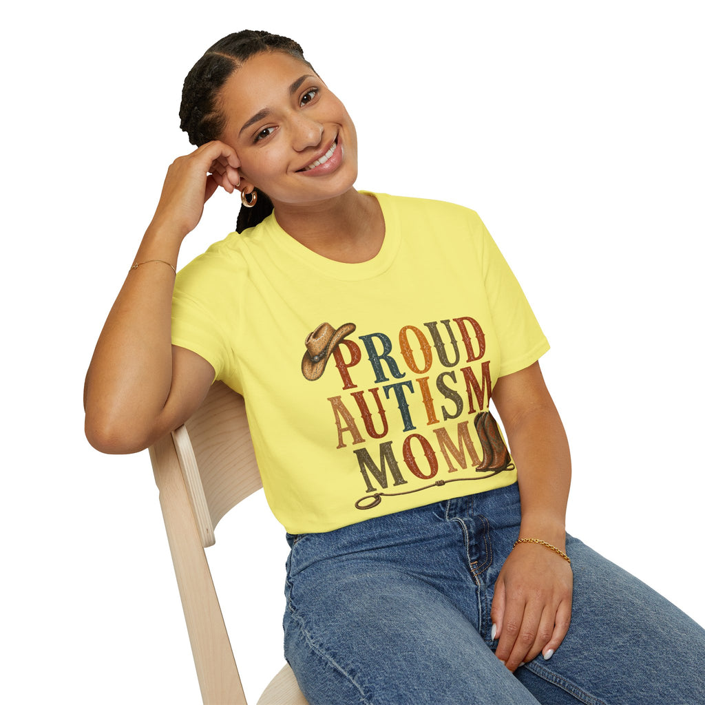 Proud Autism Mom T-Shirt — Rustic Western Cowboy Hat & Boots Design