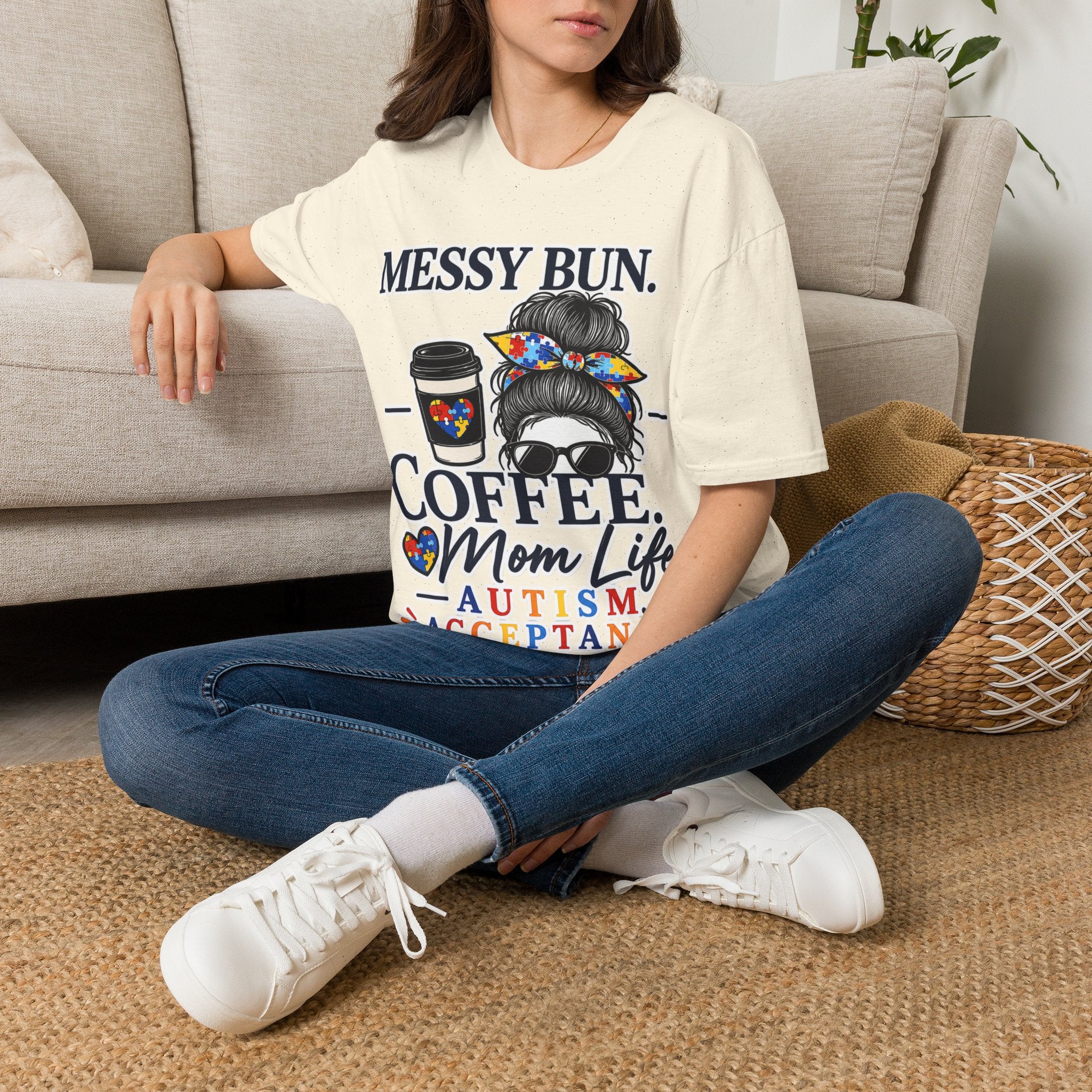 Messy Bun Coffee Mom Life Autism Acceptance Shirt | Autism Mom T-Shirt | Neurodiversity Support Tee | Special Needs Mom Gift