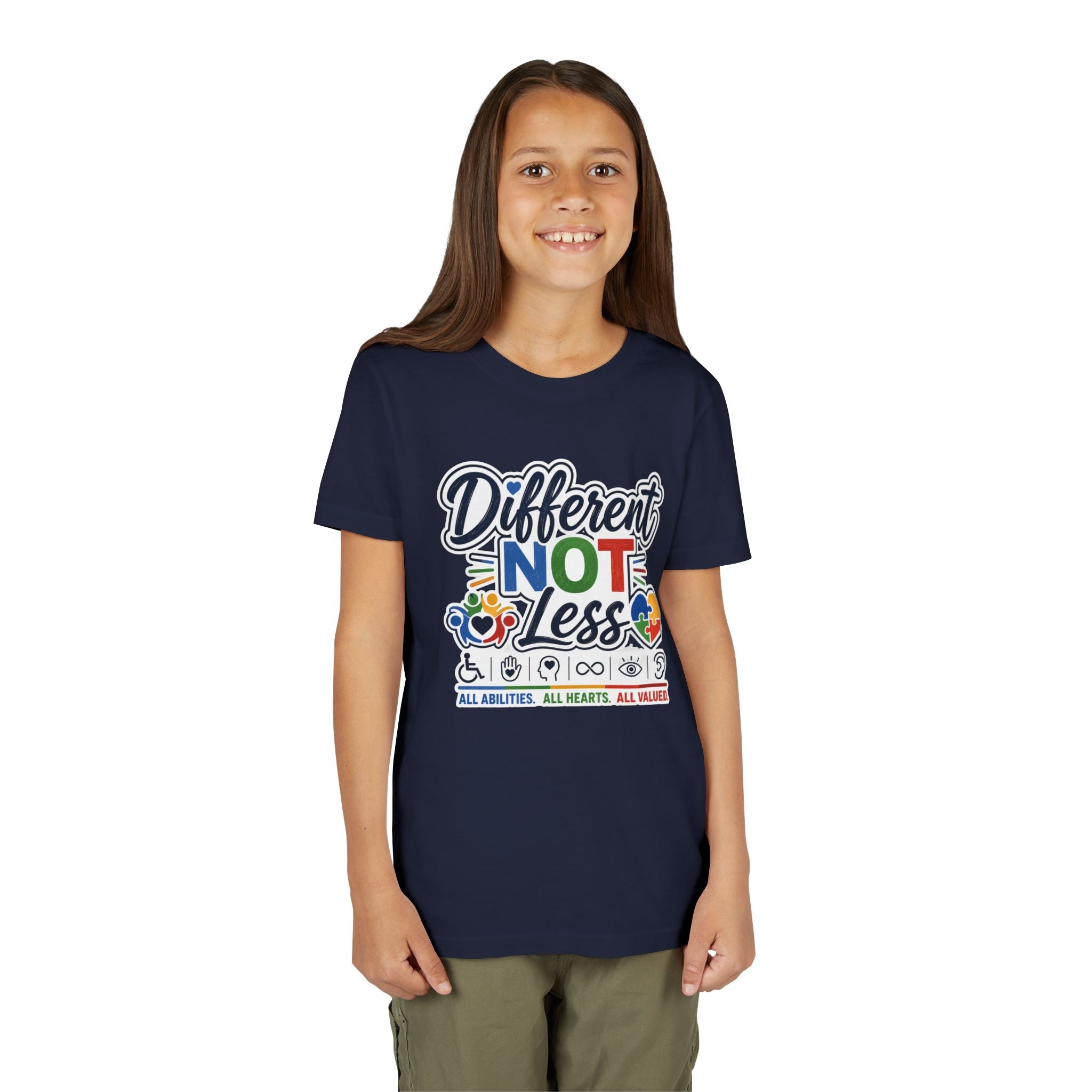 Youth Tee — "Different Not Less" Inclusive Pride Autism Awareness Shirt