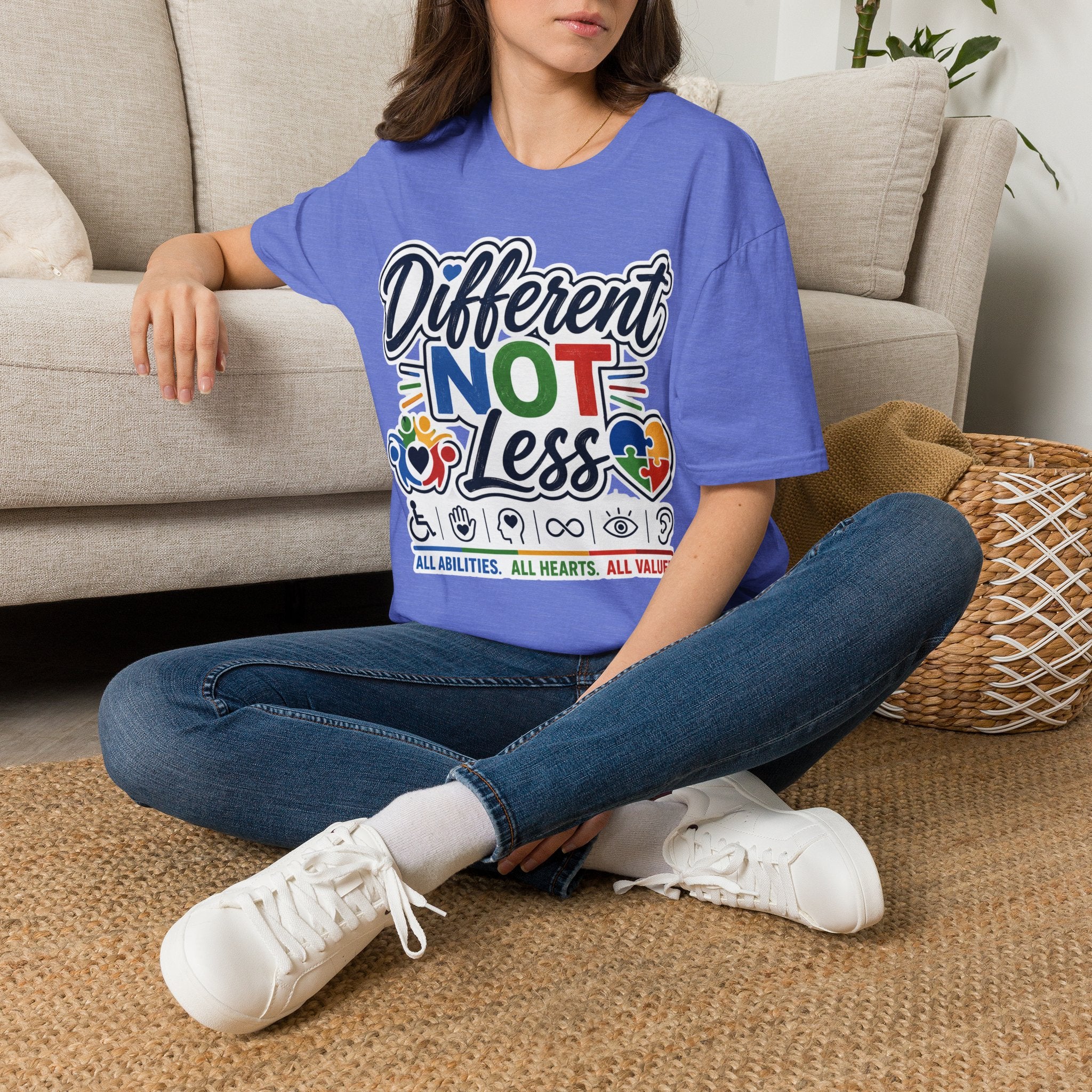 Different NOT Less T-Shirt | Disability Pride, Inclusive Rainbow Design