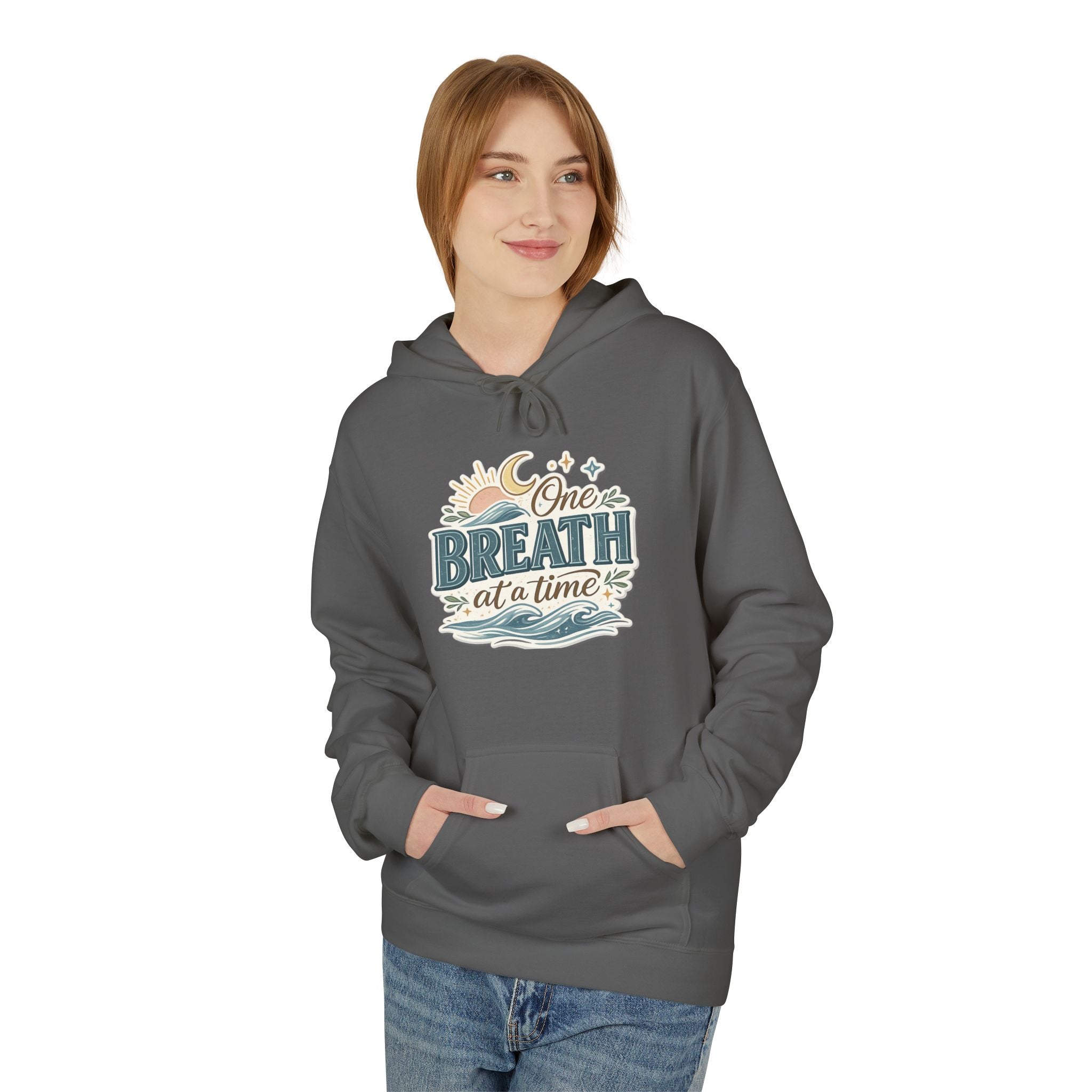 One Breath at a Time Hoodie | Ocean Waves Sun Illustration