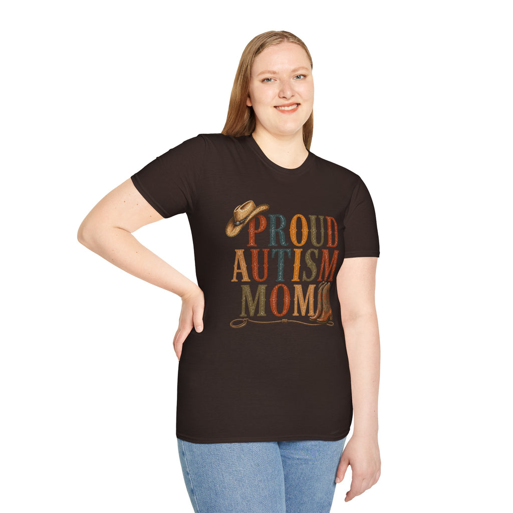 Proud Autism Mom T-Shirt — Rustic Western Cowboy Hat & Boots Design