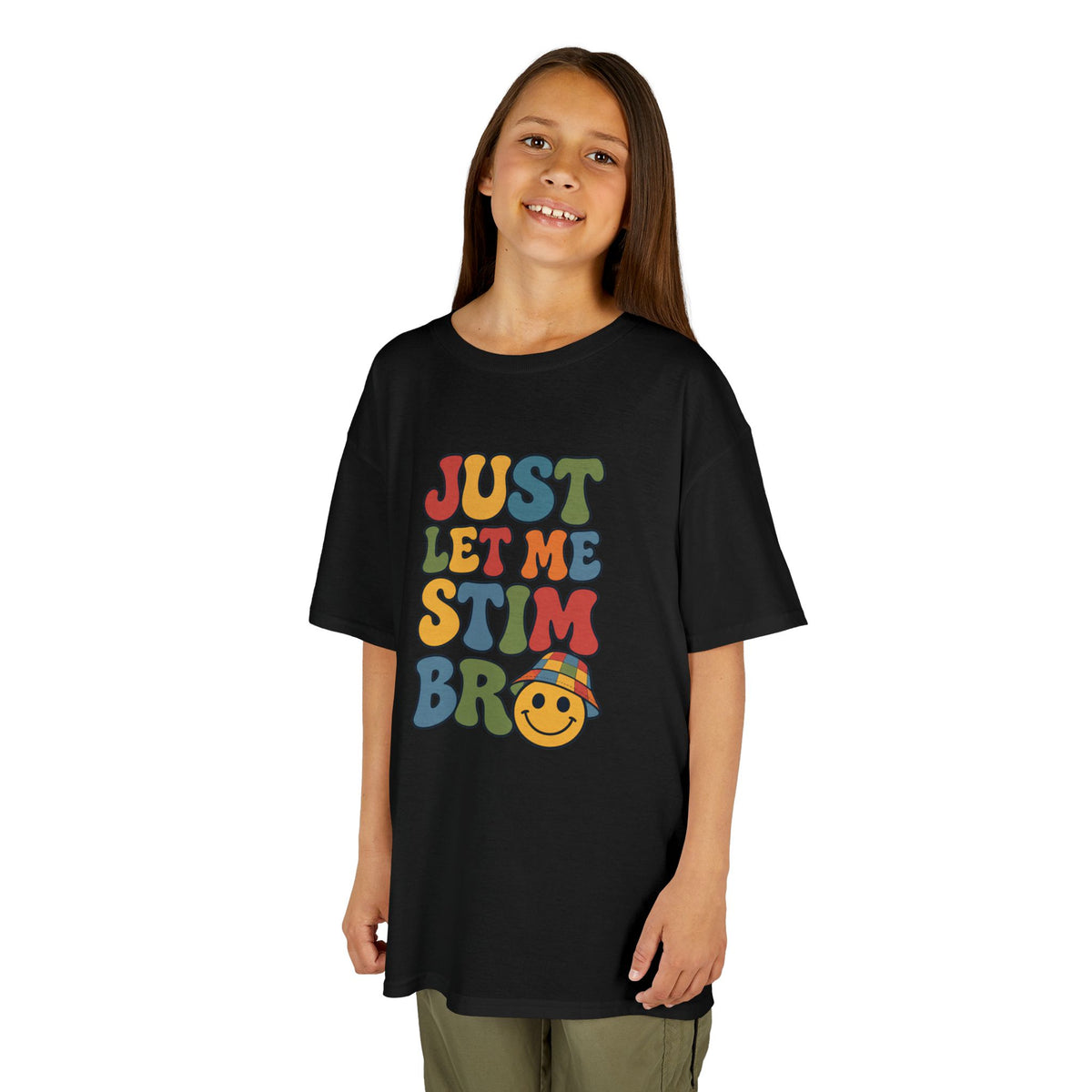 Just Let Me Stim Bro Kids Tee, Retro Bubble Letters Smiley Face Shirt, Autism ADHD Neurodivergent Kids T-Shirt, Funny Sensory Gift
