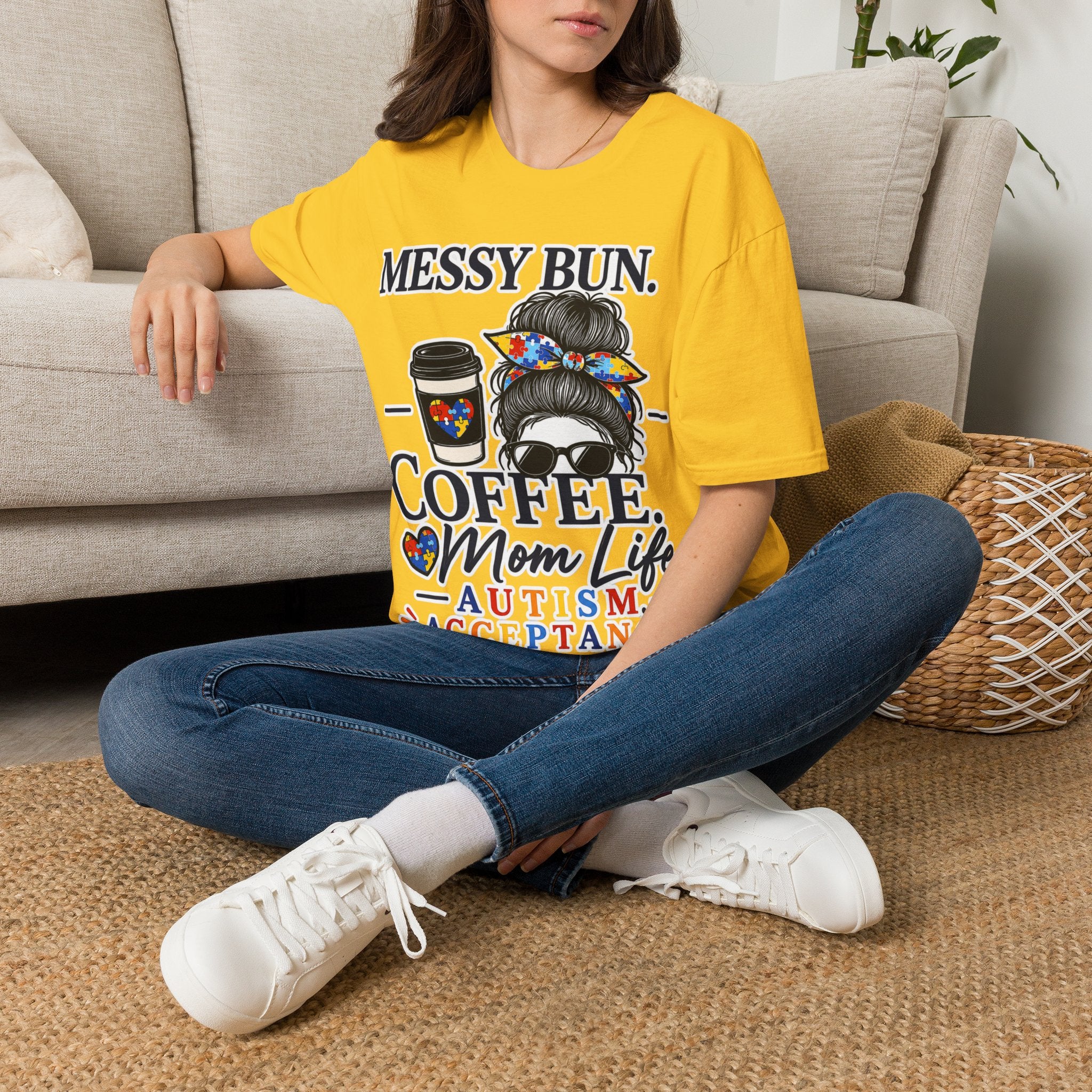 Messy Bun Coffee Mom Life Autism Acceptance Shirt | Autism Mom T-Shirt | Neurodiversity Support Tee | Special Needs Mom Gift