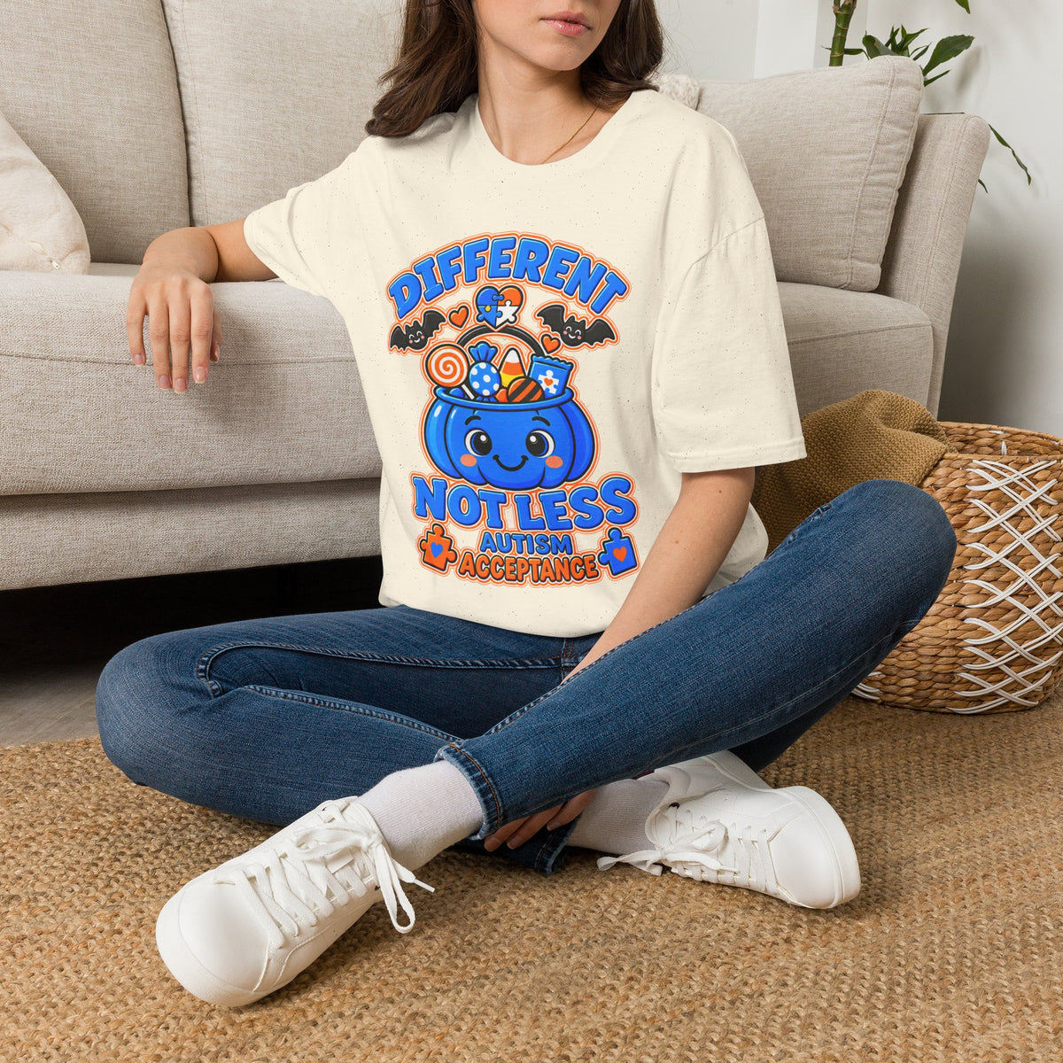 Different Not Less Halloween Shirt, Autism Acceptance Pumpkin Tee, Halloween Autism Awareness T-Shirt, Trick or Treat Bucket Gift