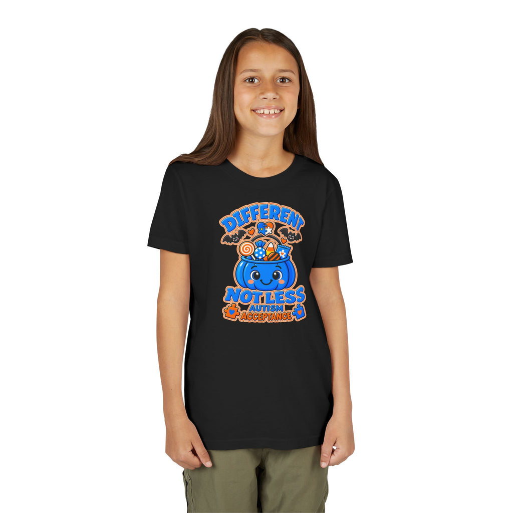Different Not Less Halloween Shirt, Autism Acceptance Pumpkin Tee, Kids Halloween Autism Awareness T-Shirt, Trick or Treat Bucket Gift