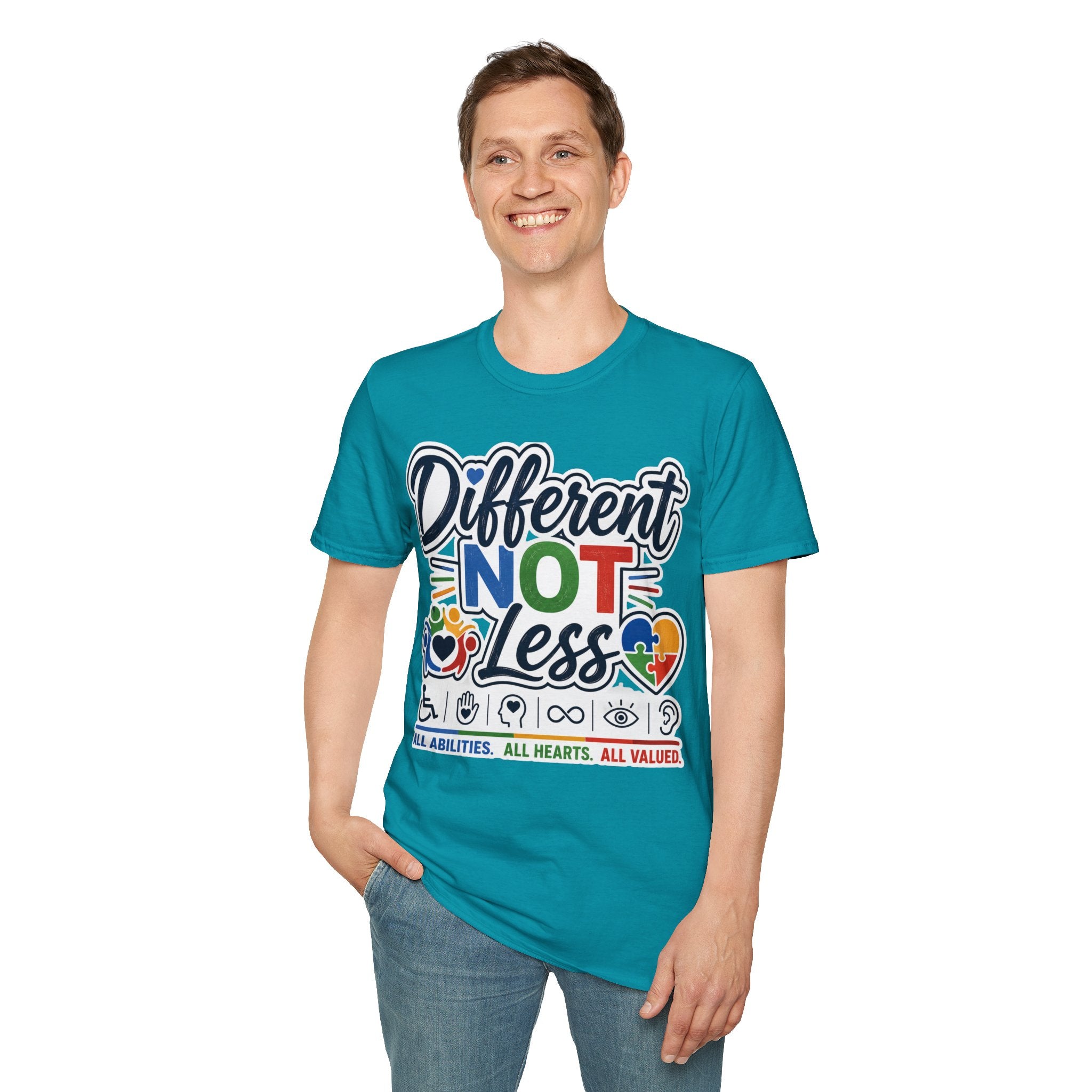 Different NOT Less T-Shirt | Disability Pride, Inclusive Rainbow Design