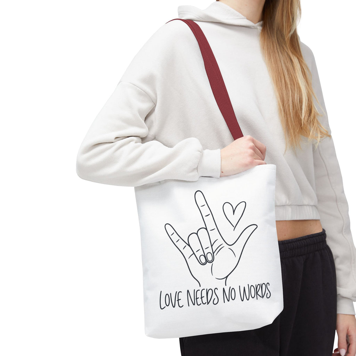 Love Needs No Words Tote Bag, ASL I Love You Hand Illustration Canvas Bag, Autism Acceptance Tote, Sign Language Nonverbal Gift