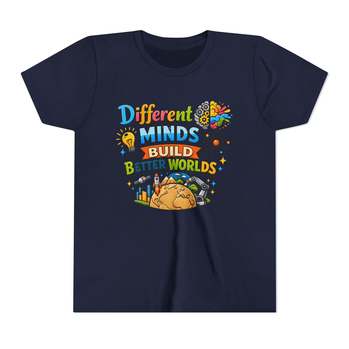 Different Minds Build Better Worlds Youth Tee | STEM, Creativity, Inclusion