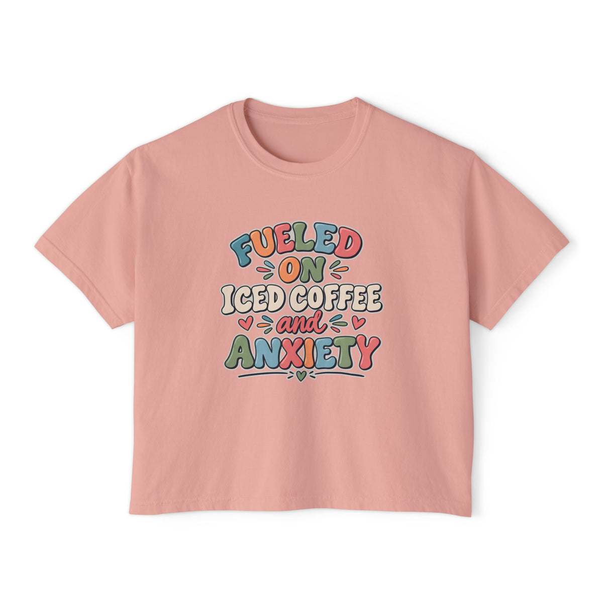 Fueled On Iced Coffee And Anxiety Boxy Tee, Women's Cute Retro Lettering Shirt, Funny Mental Health T-Shirt, Trendy Coffee Lover Gift