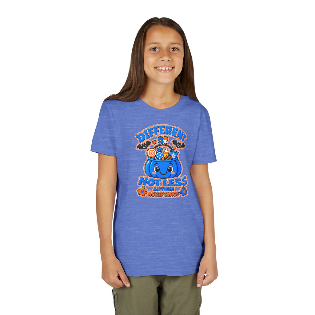 Different Not Less Halloween Shirt, Autism Acceptance Pumpkin Tee, Kids Halloween Autism Awareness T-Shirt, Trick or Treat Bucket Gift